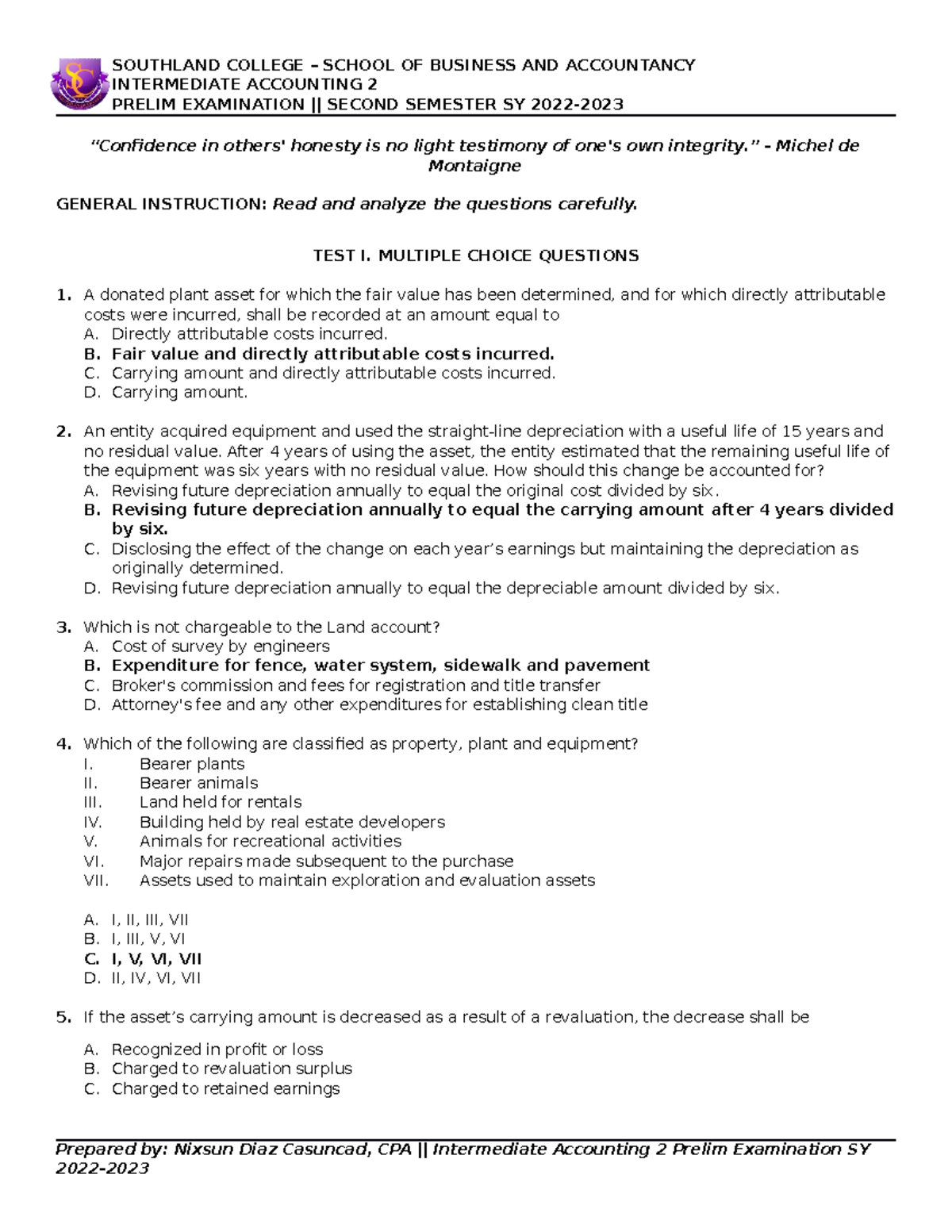 IA2 Intermediate Accounting 2 Prelim Exam Answer Key - Second Sem SY ...