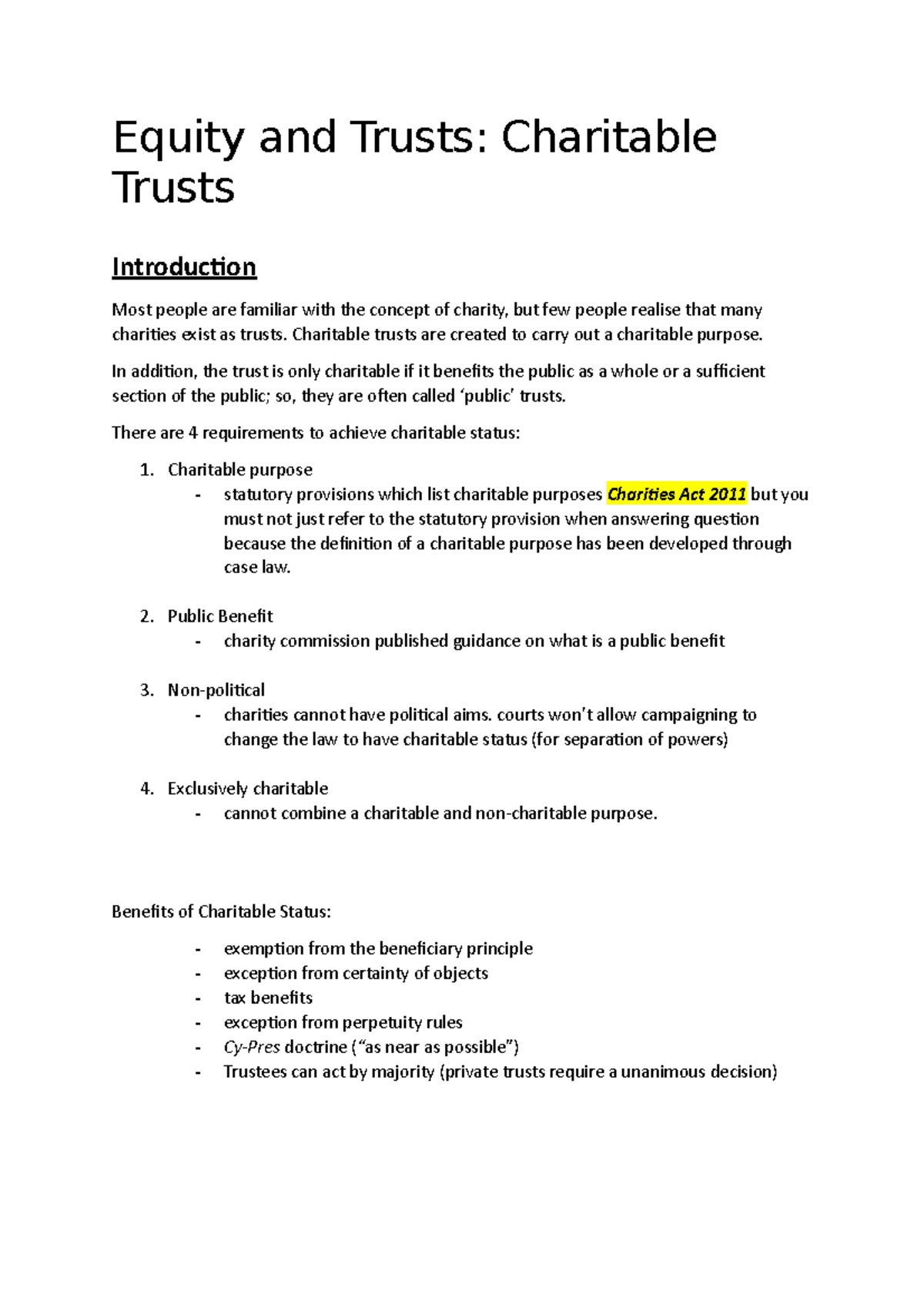 Equity and Trusts: Charitable Trusts - Lecture Notes (Legal Studies ...