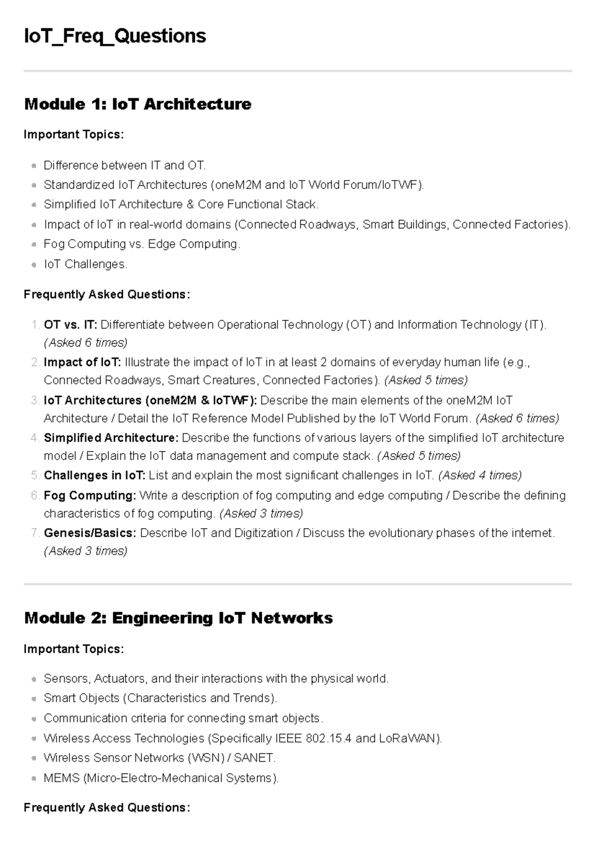 IoT_Freq_Questions: Key Concepts & FAQs for Modules 1-4 - Studocu