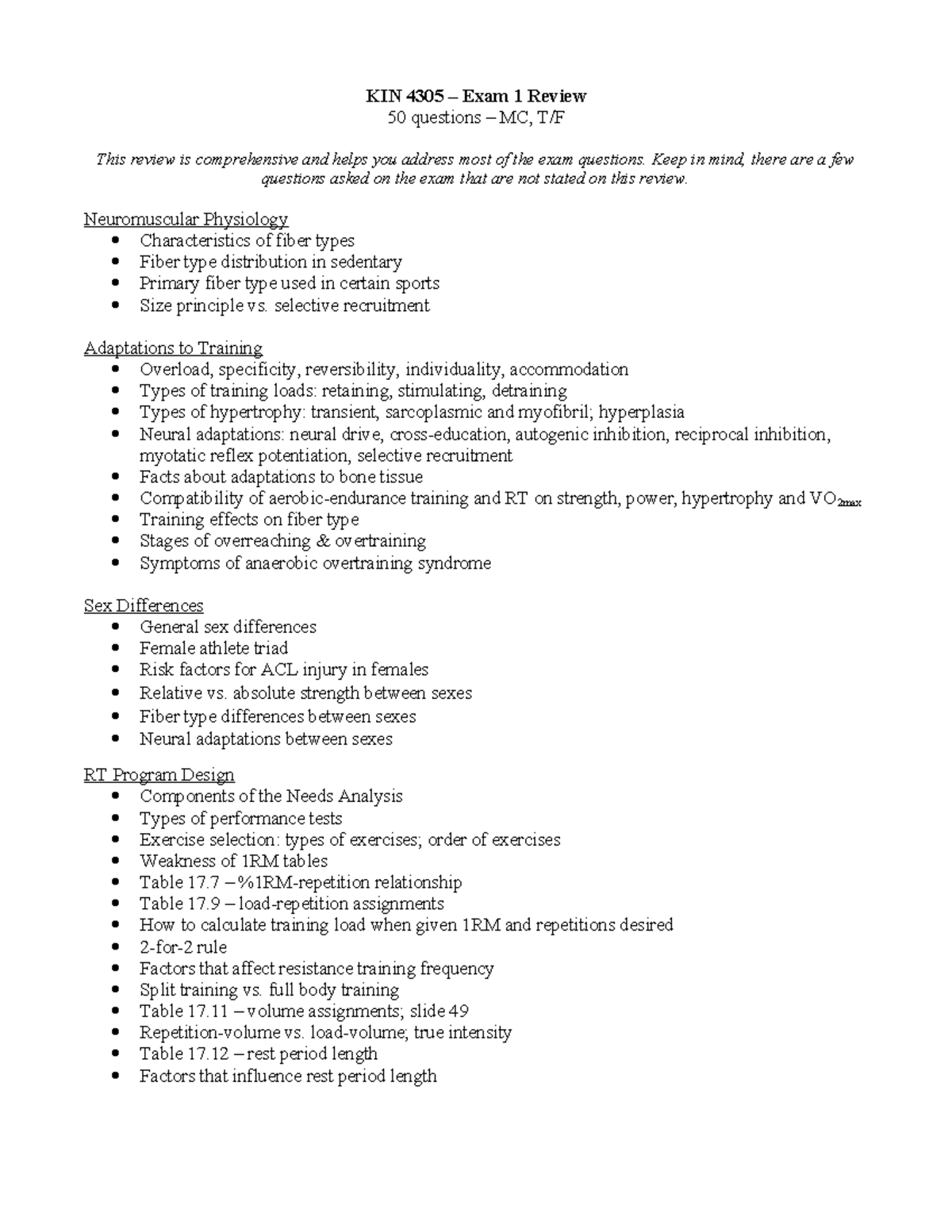 Exam 1 review - KIN 4305 – Exam 1 Review 50 questions – MC, T/F This ...