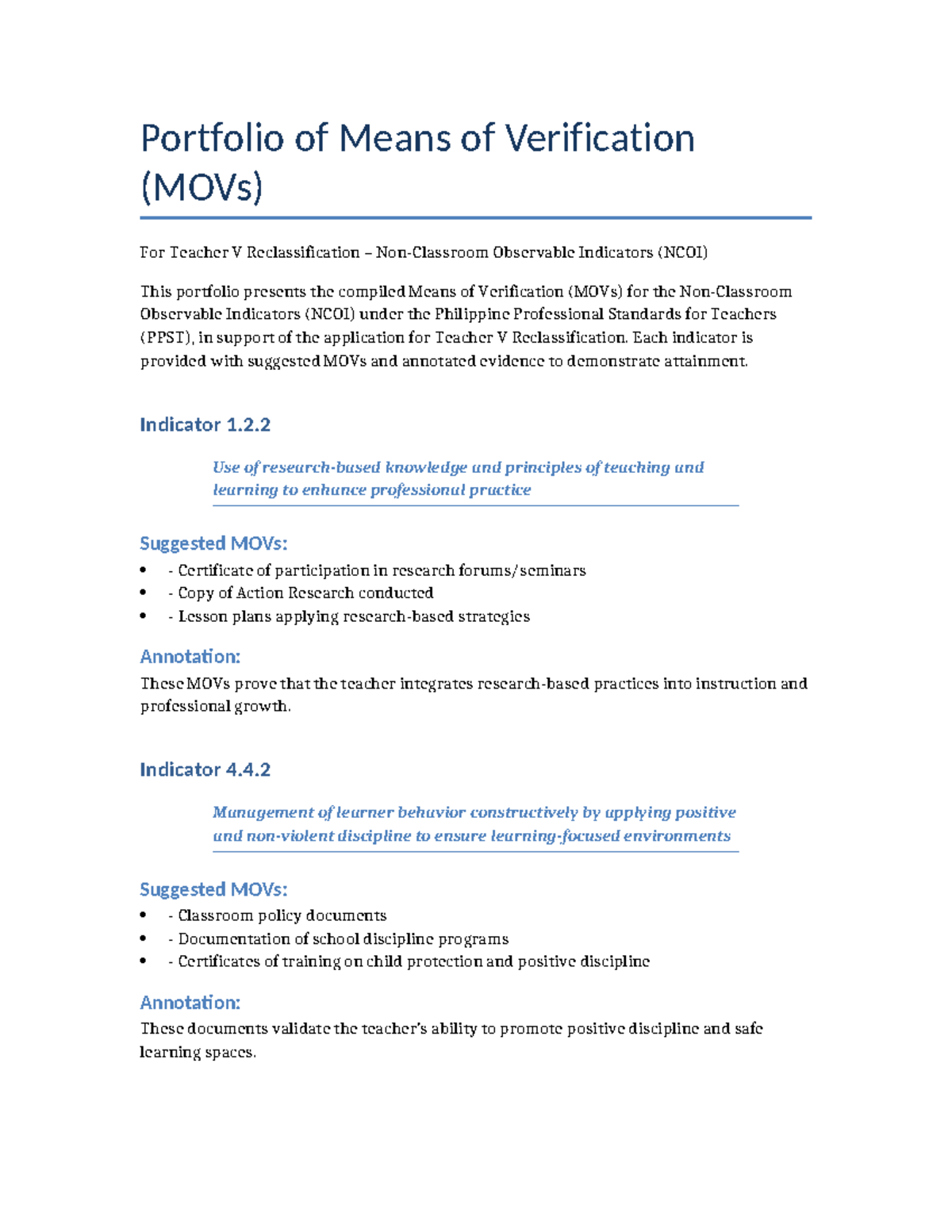 Portfolio of MOVs for Teacher V Reclassification (NCOI) - Studocu