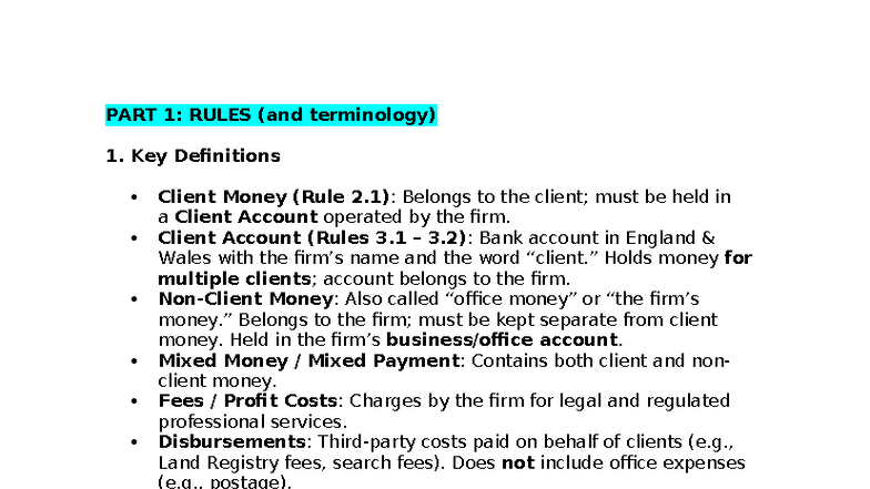 SRA Accounts Rules: Key Definitions and Handling Client Money - Studocu