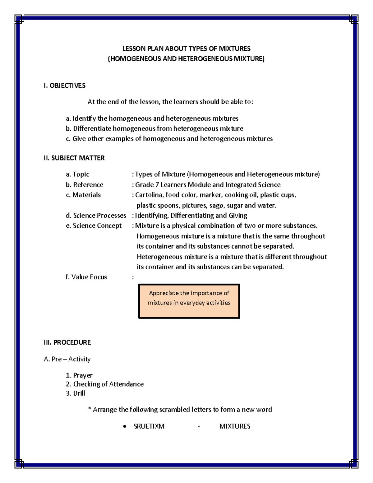 Lesson Plan for Grade 7 Science: Understanding Mixtures - Studocu