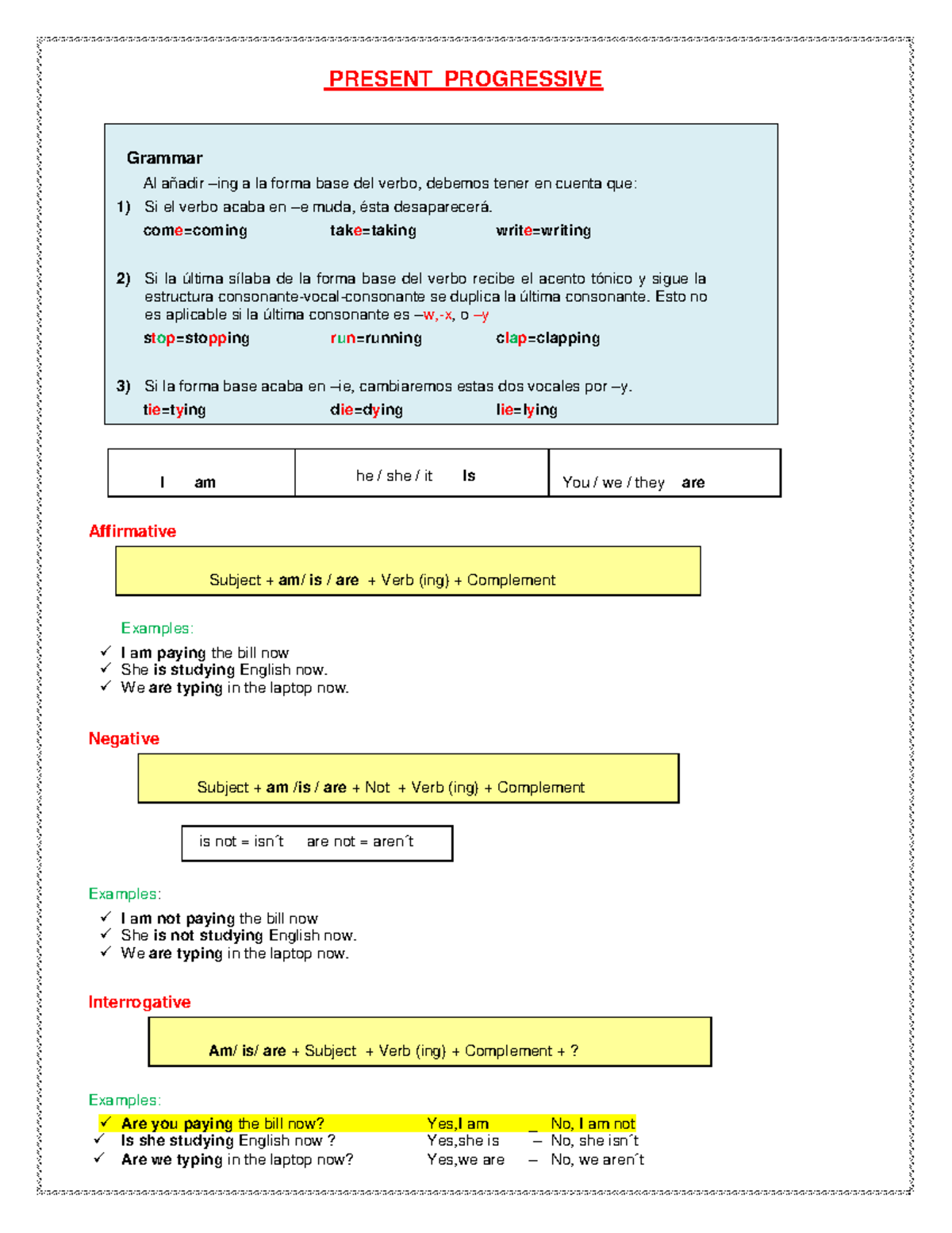 Present Progressive Grammar Notes - Inglés - Studocu