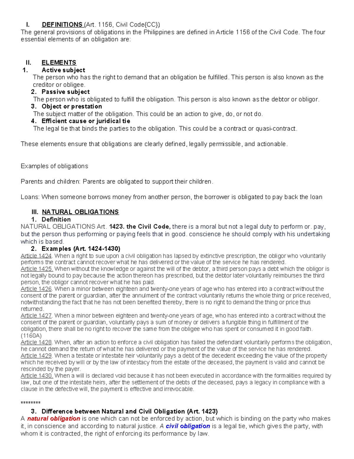 Obligations and contracts- Law - I. DEFINITIONS (Art. 1156, Civil Code ...