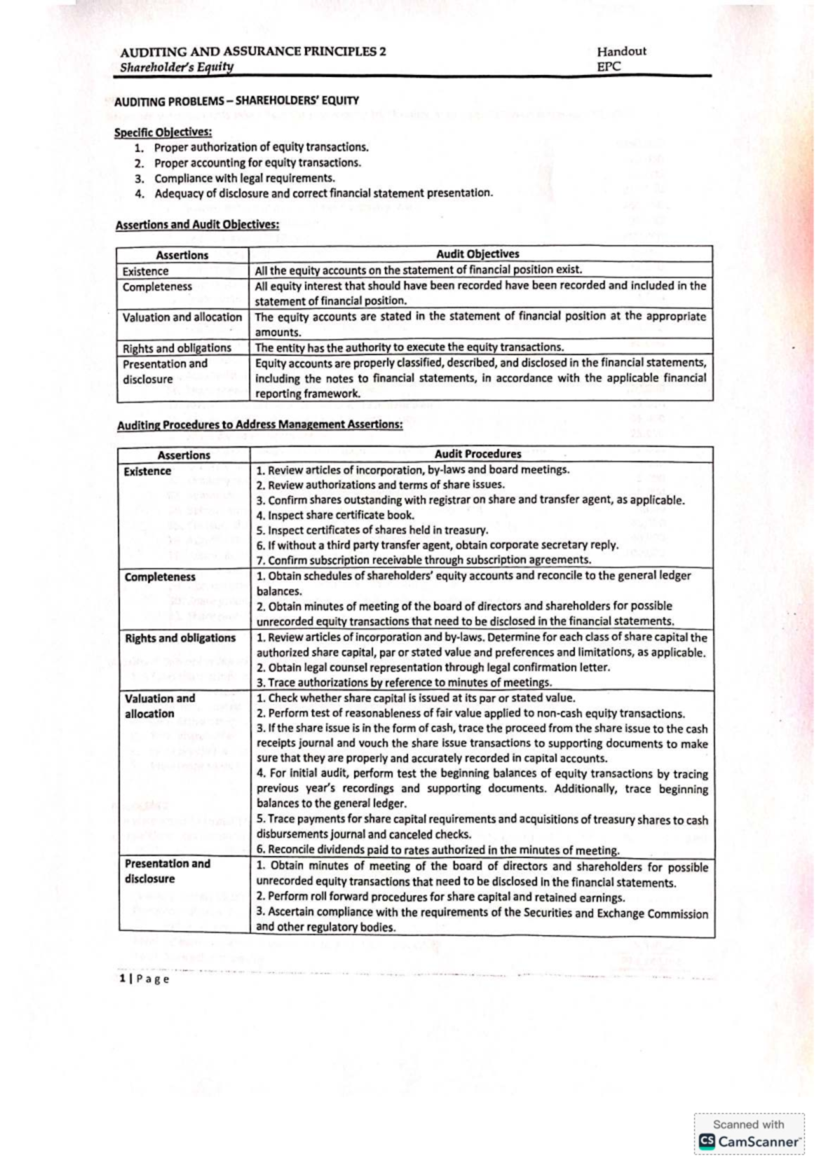 AUDITING AND ASSURANCE PRINCIPLES 2 Handout: Equity Audit Problems and ...