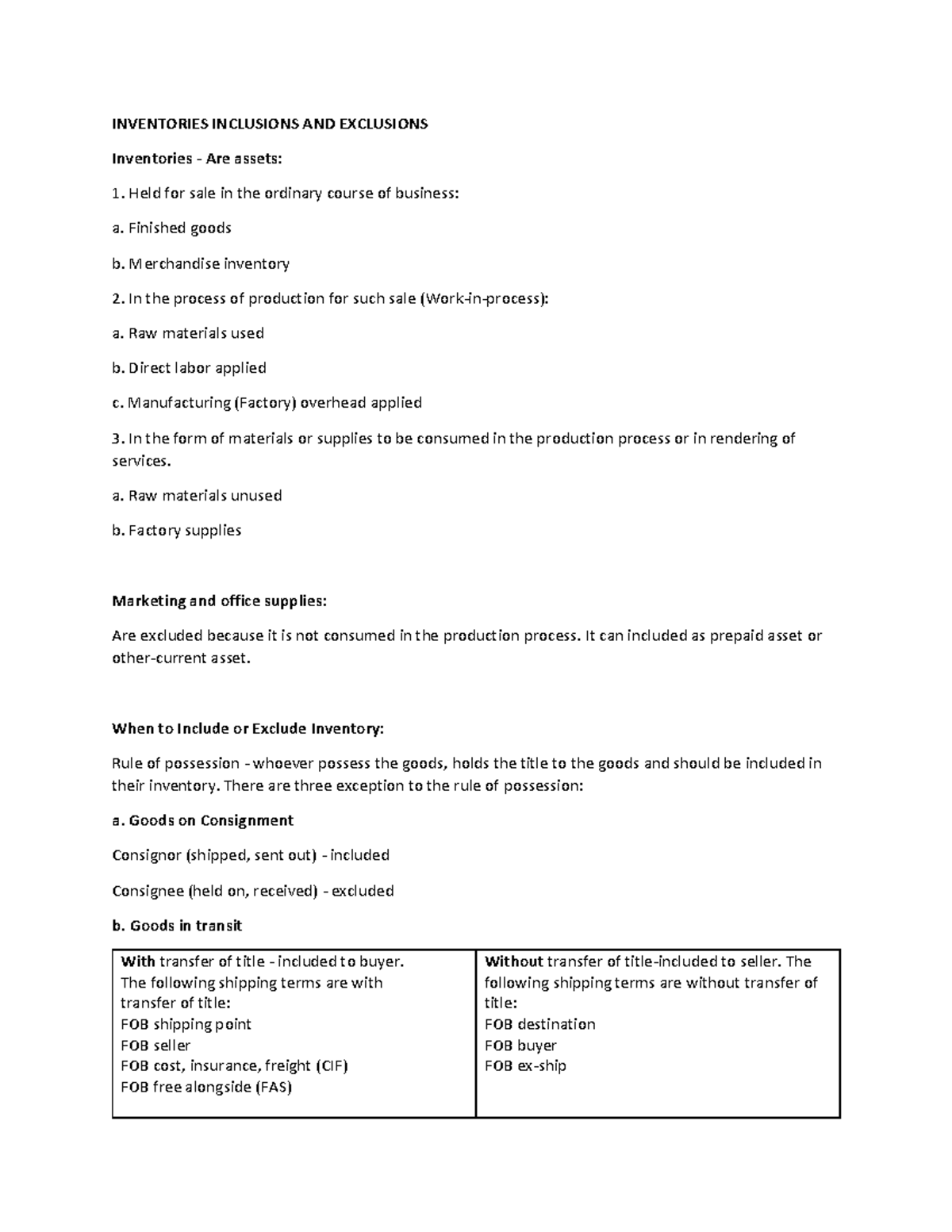 Inventories Inclusions & Exclusions: Understanding Key Concepts - Studocu
