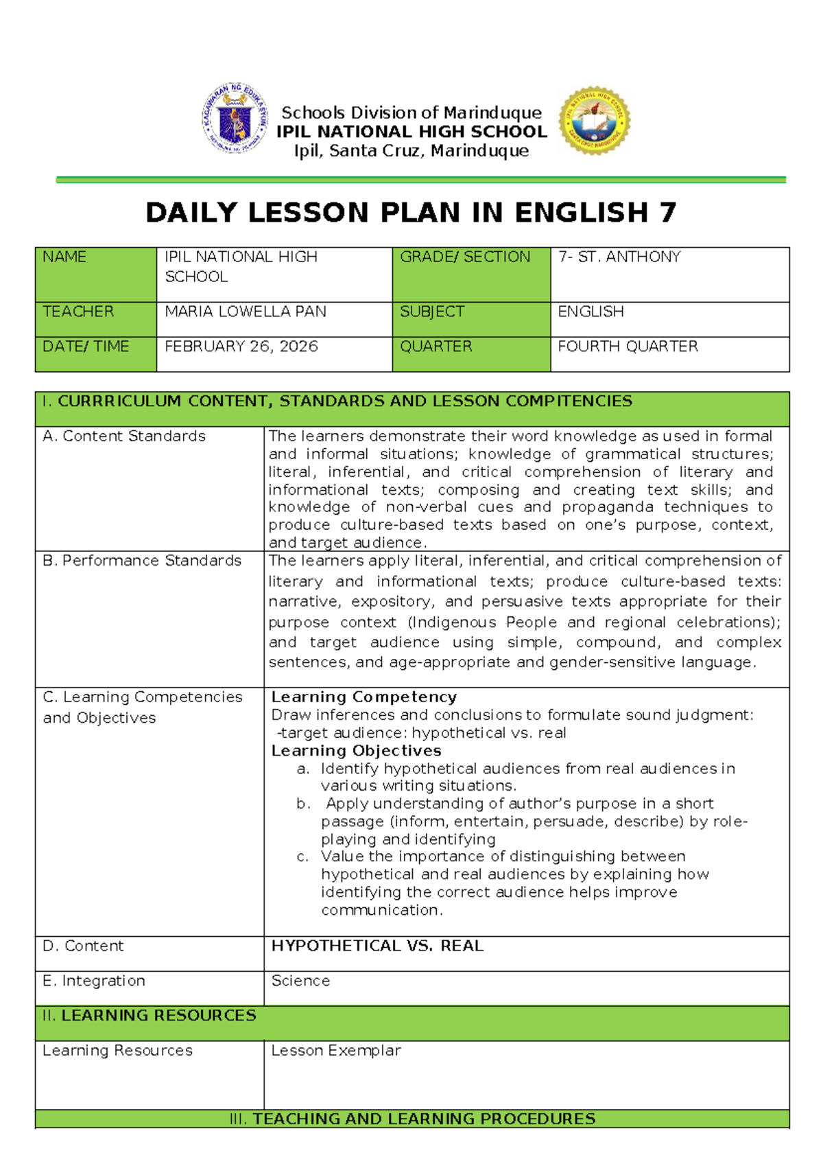 Daily Lesson Plan in English 7: Hypothetical vs. Real Audience - Studocu