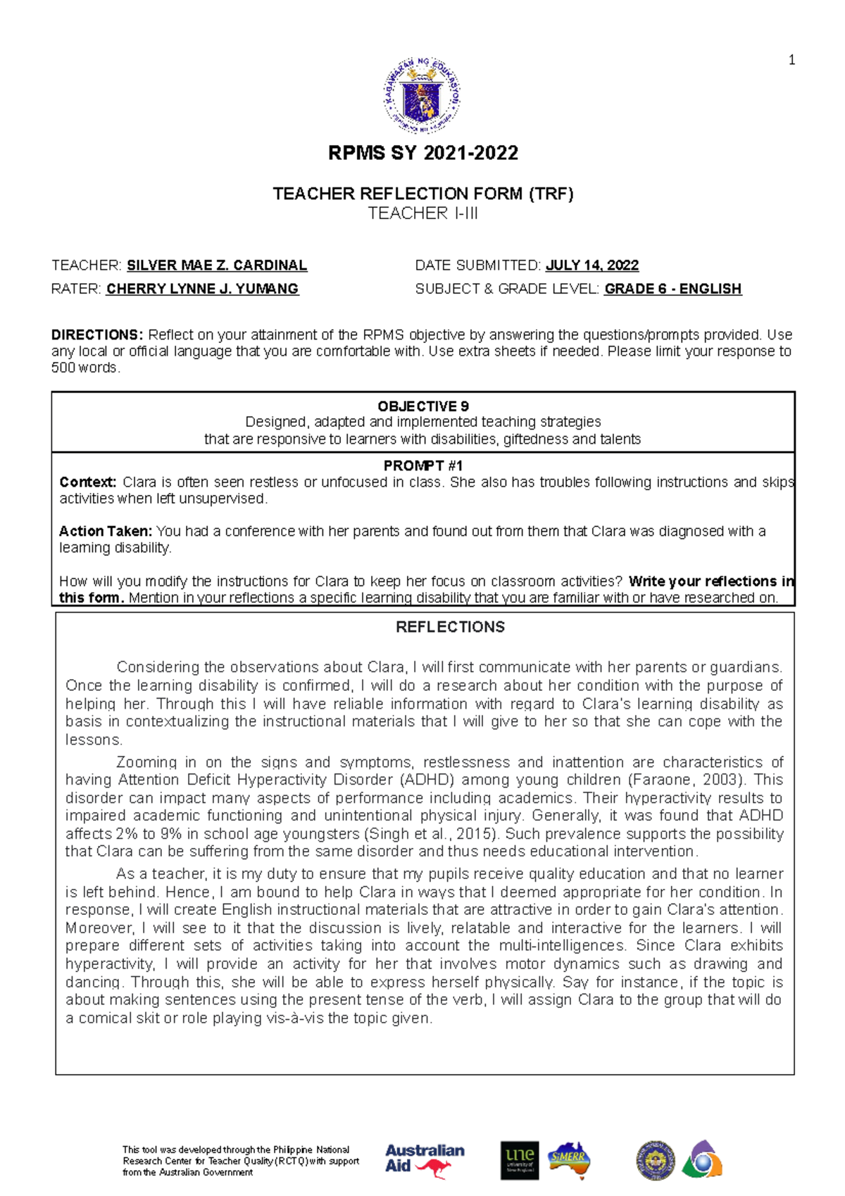 TRF - Teacher Reflection Form Sample for RPMS Objective 9 - Studocu