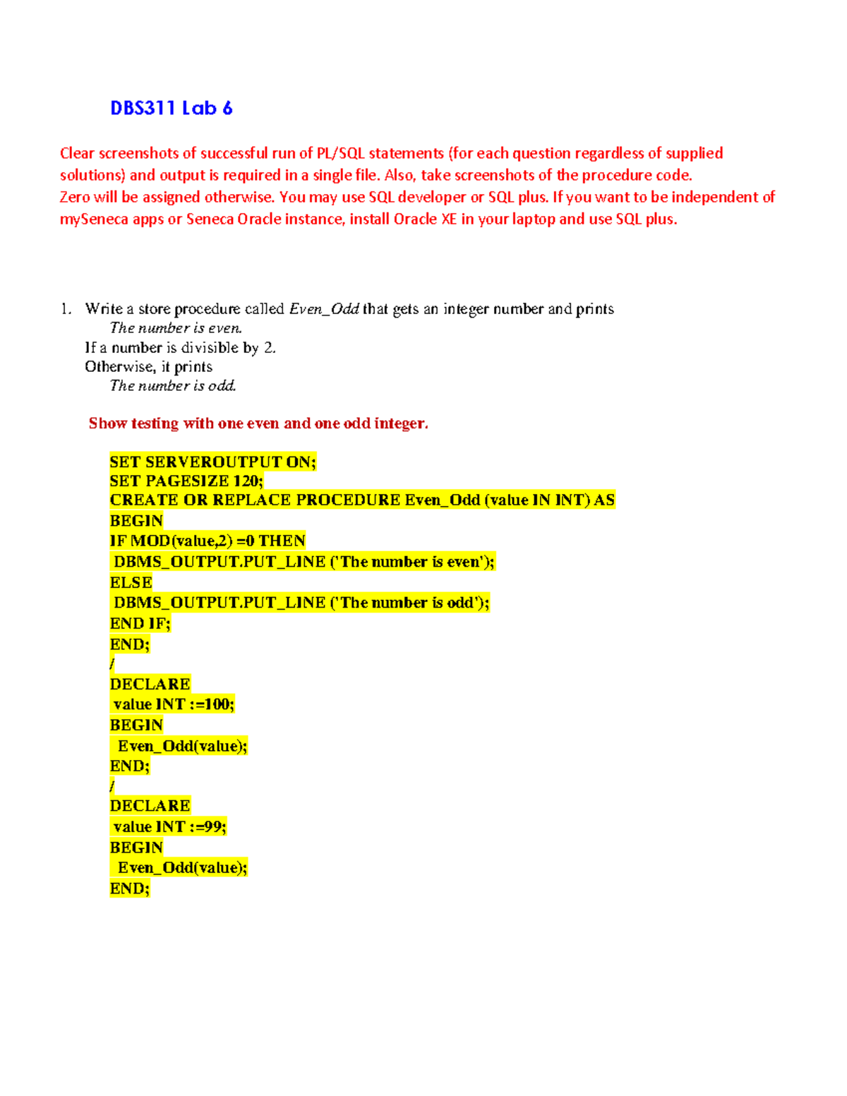 DBS 311 LAB 6 - Stored Procedures and PL/SQL Output Analysis - Studocu