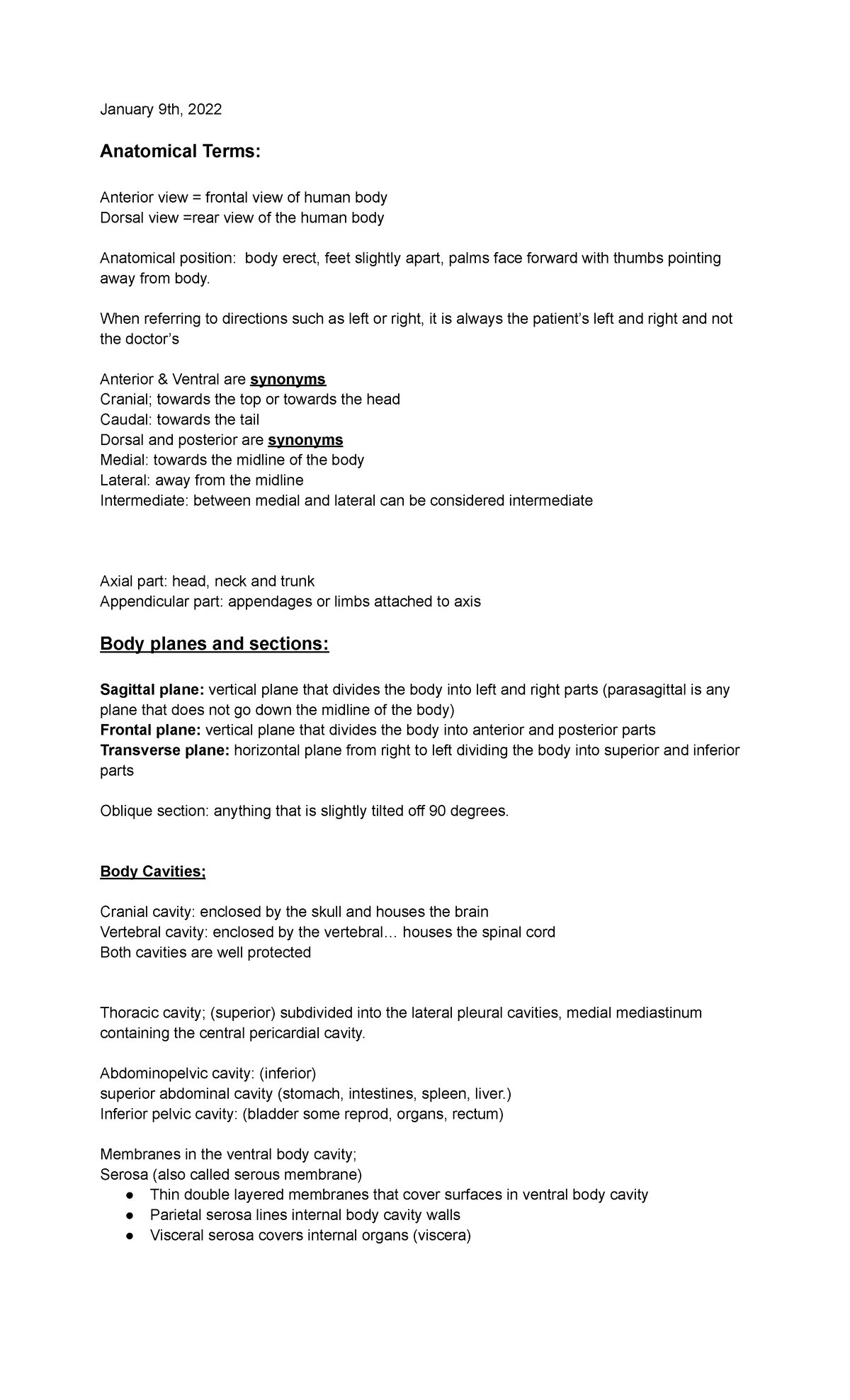 ANP 1106 Notes 2 - January 9th, 2022 Anatomical Terms: Anterior view ...