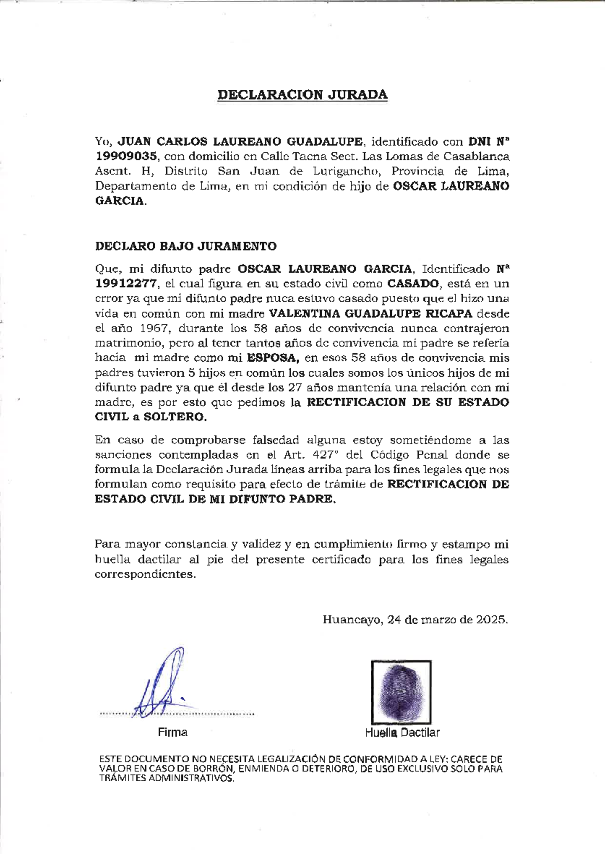 Declaraci n Jurada Para Rectificaci n De Estado Civil DNI 19909035 