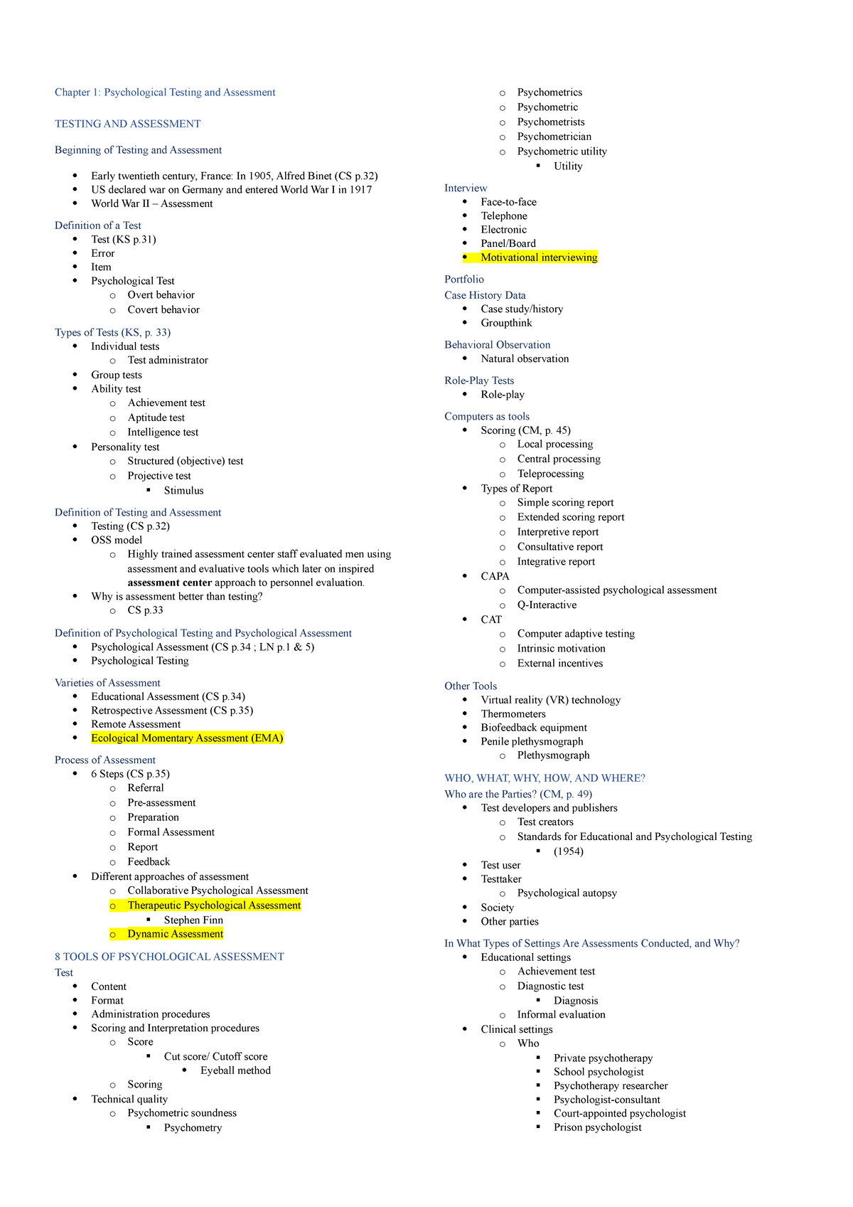 Psychological Assessment Notes: Key Concepts and Testing Methods (PSY ...