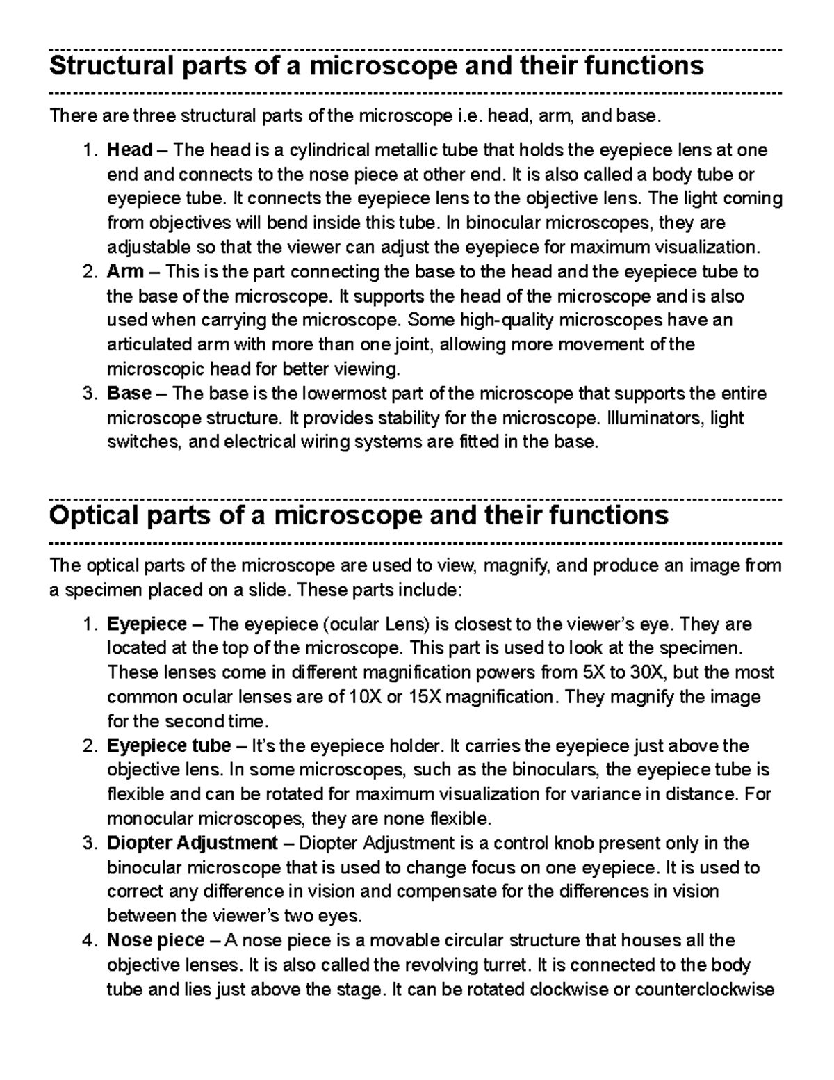Parts of the Microscope for Anatomy and Physiology Lab (AP 101) - Studocu