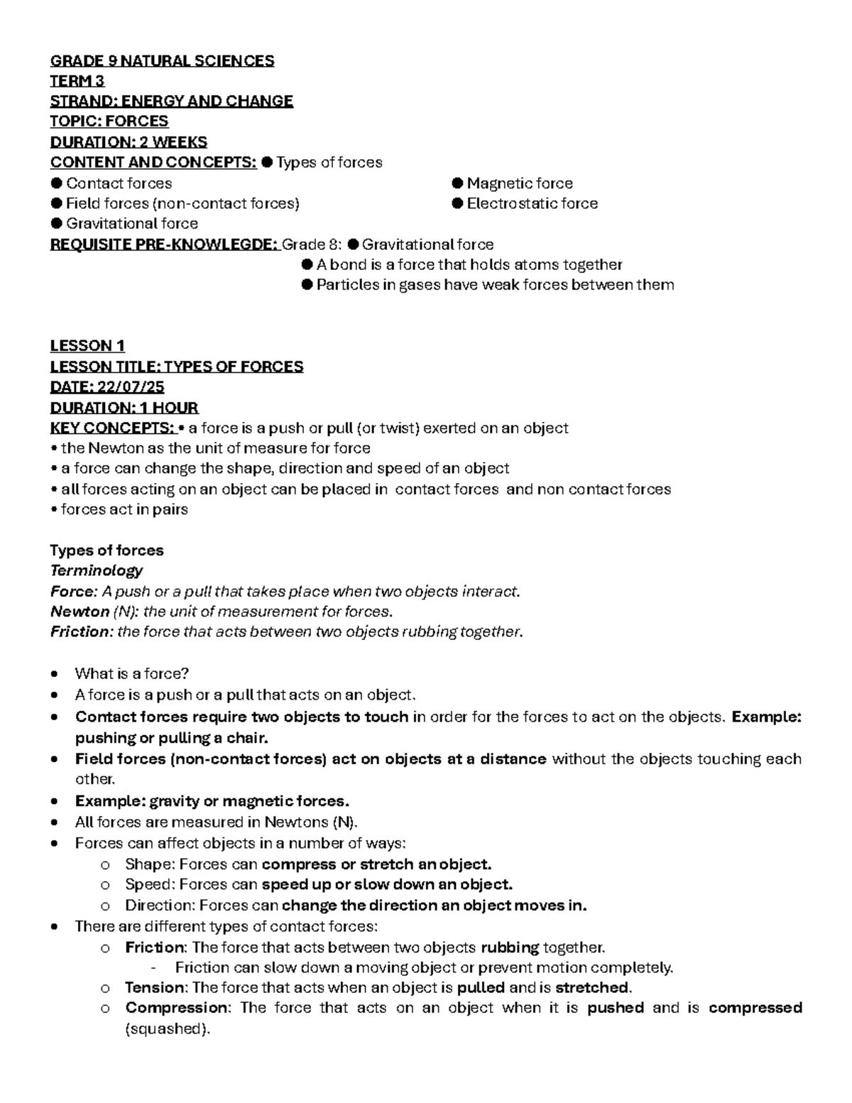 GR 9 NS TERM 3 WEEK 1 - Lesson Plan on Forces and Energy - Studocu