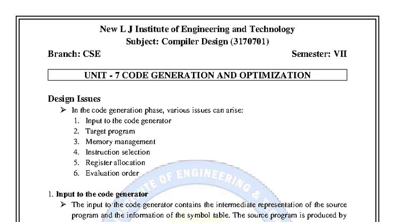 CD 3170701: Compiler Design Unit 7 - Code Generation & Optimization ...