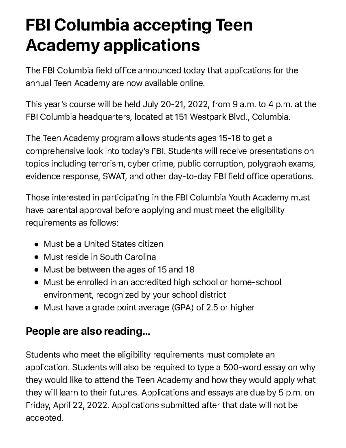 FBI Columbia Teen Academy Applications - 2022 Enrollment Info - Studocu