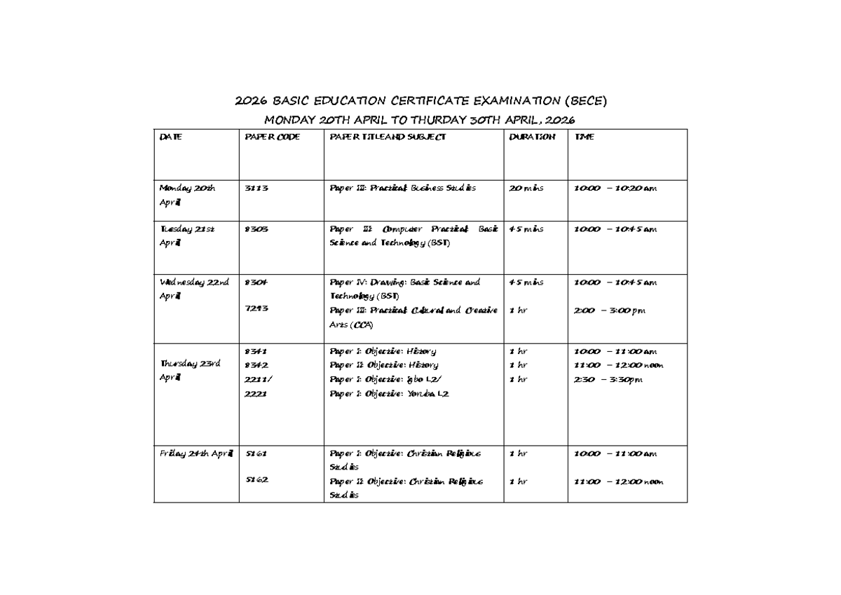 2026 BECE Timetable: Exam Dates & Paper Codes - Studocu