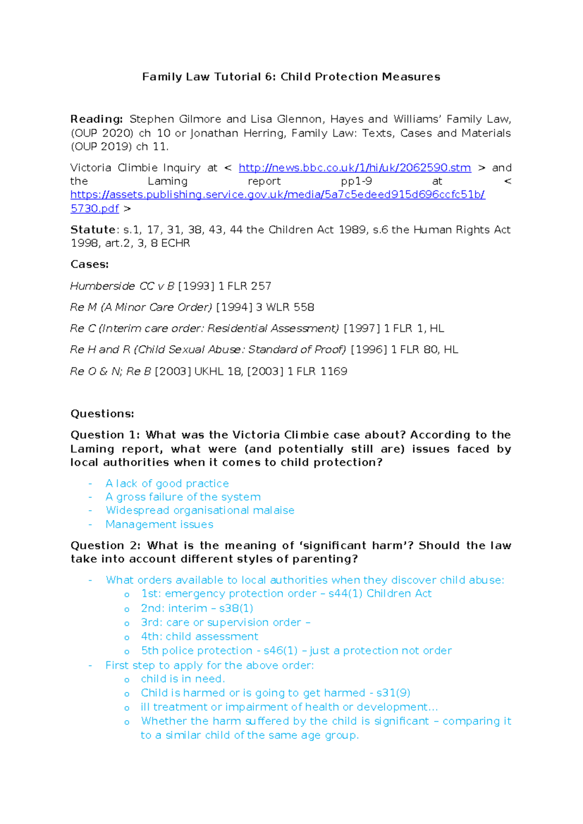 Family Law Tutorial 7: Child Protection Measures & Case Analysis - Studocu