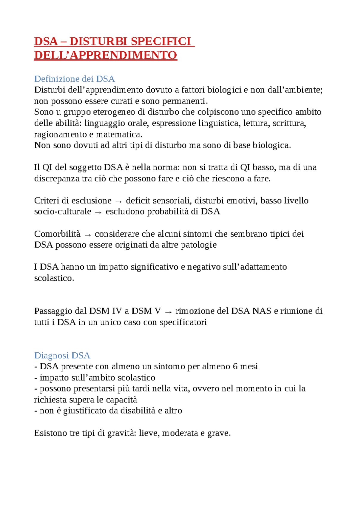 Appunti DSA: Disturbi Specifici dell'Apprendimento e Diagnosi - Studocu