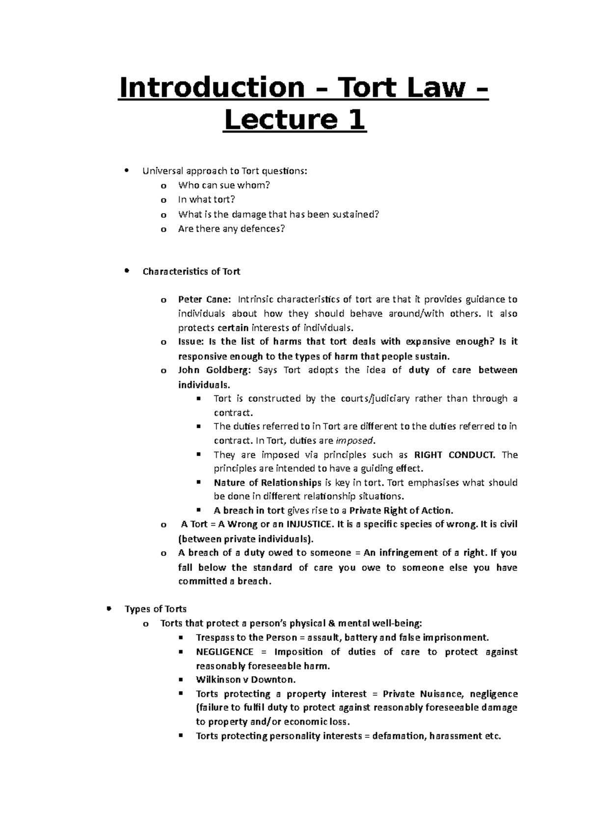 1 - Introduction to Tort Law - Lecture 1 Notes and Concepts - Studocu