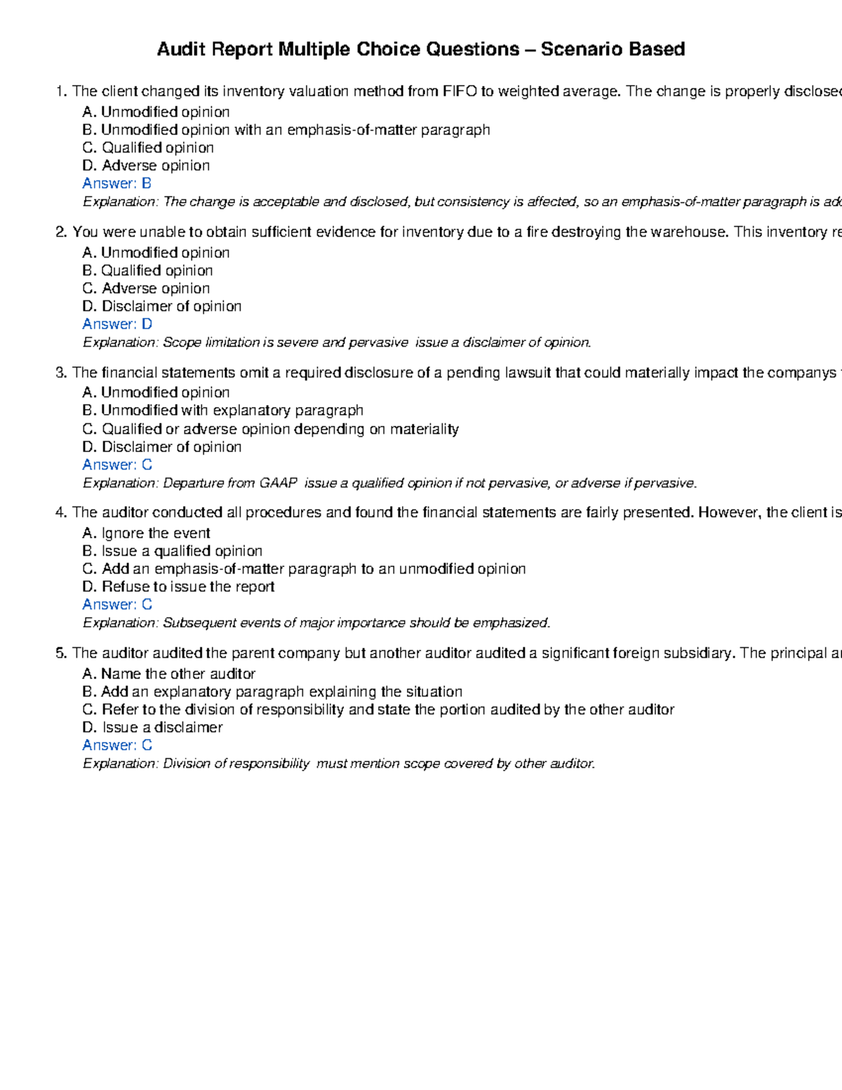 Audit Report MCQs Scenario Based - Audit Report Multiple Choice ...