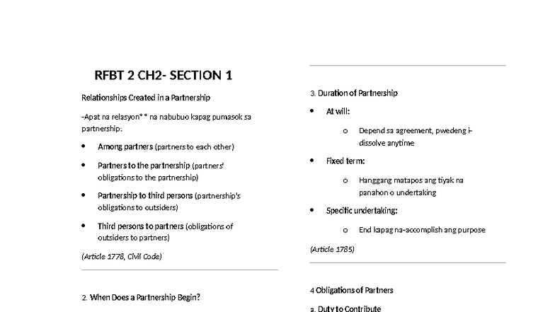 RFBT 2 - Chapter 2 Notes on Partnership Relationships and Obligations ...