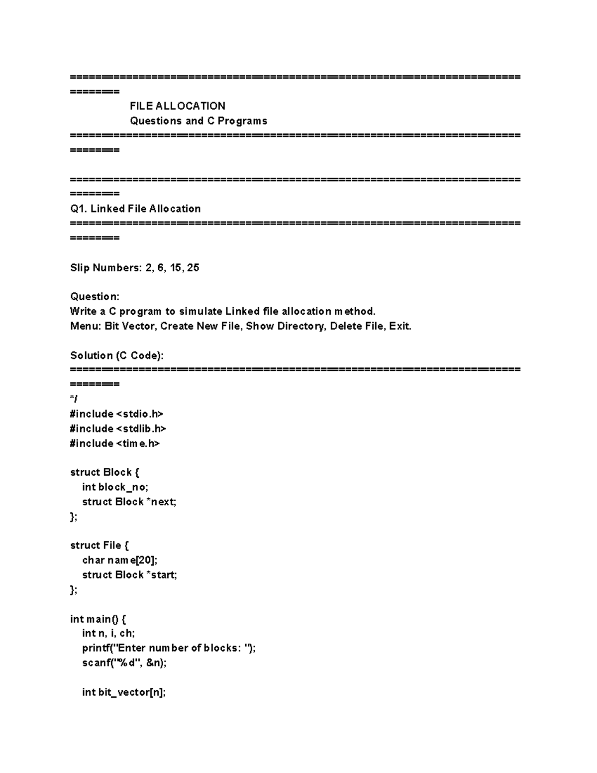 File Allocation Methods: Linked & Indexed (C Programs) - Studocu