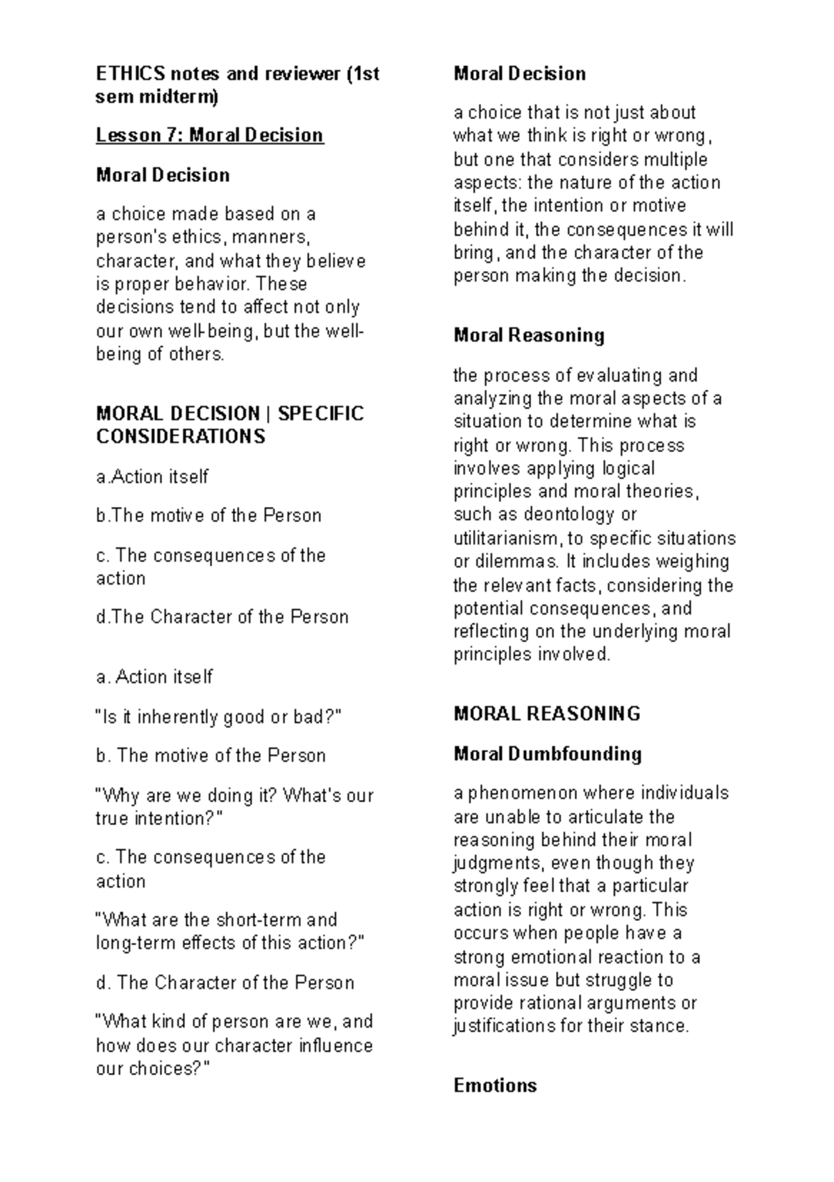Ethics Notes and Review: 1st Sem Midterm Key Concepts - Studocu