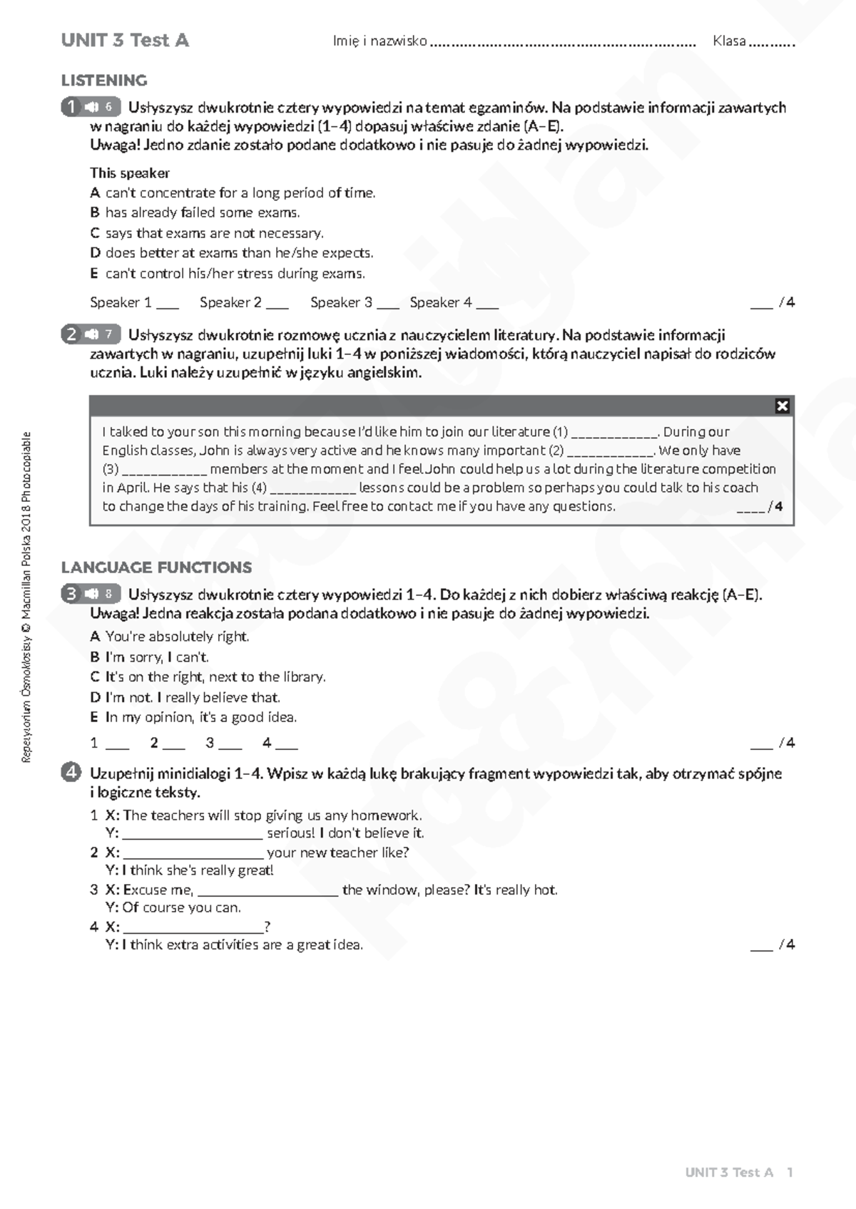 Unit 3 Test A - Listening and Reading Comprehension Exercises - Studocu