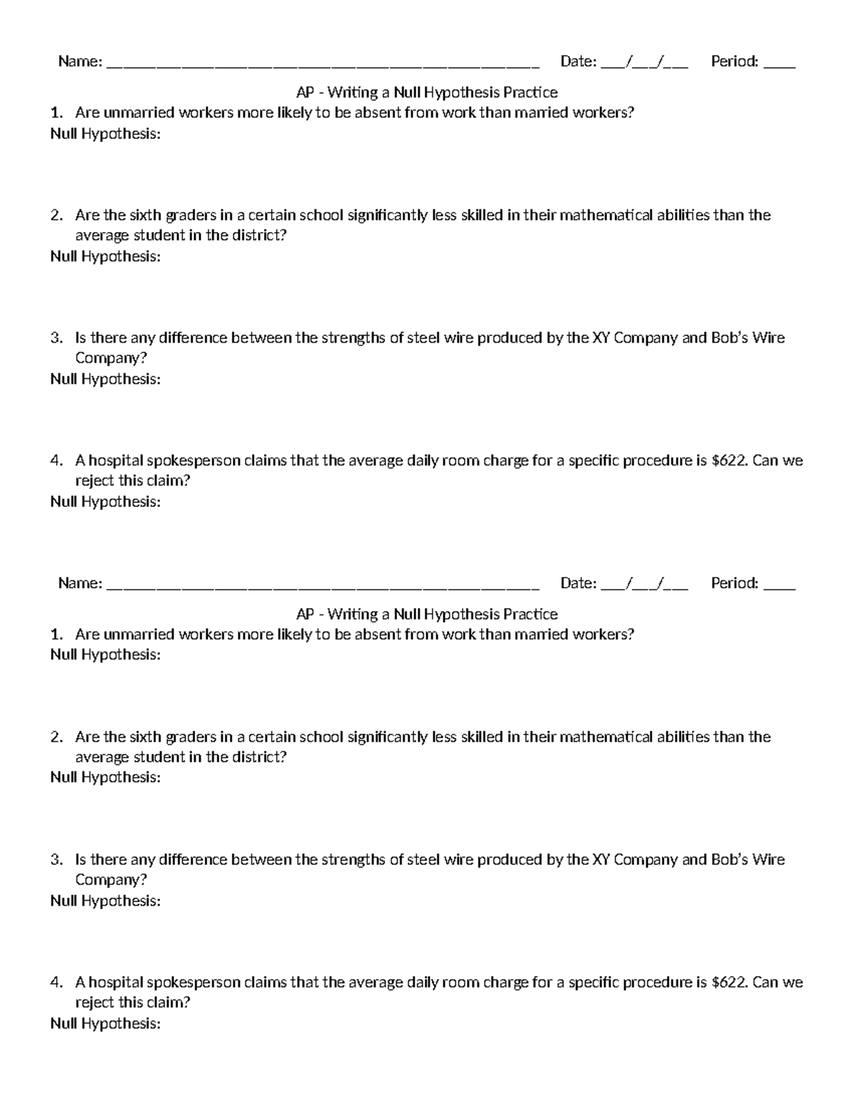 AP Writing a Null Hypothesis Worksheet - Practice 1 - Studocu