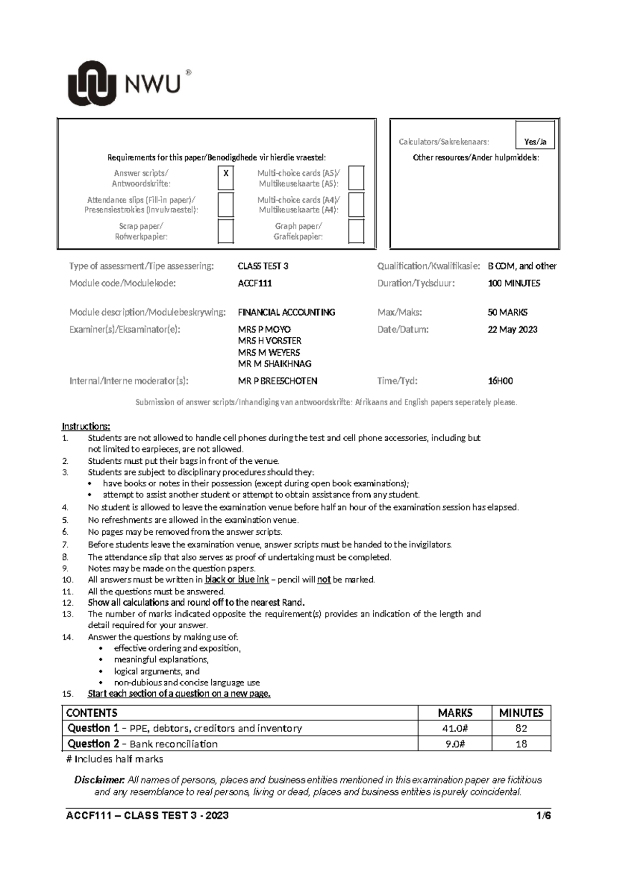 2023 ACCF 111 Class Test 3: Financial Accounting Requirements and ...