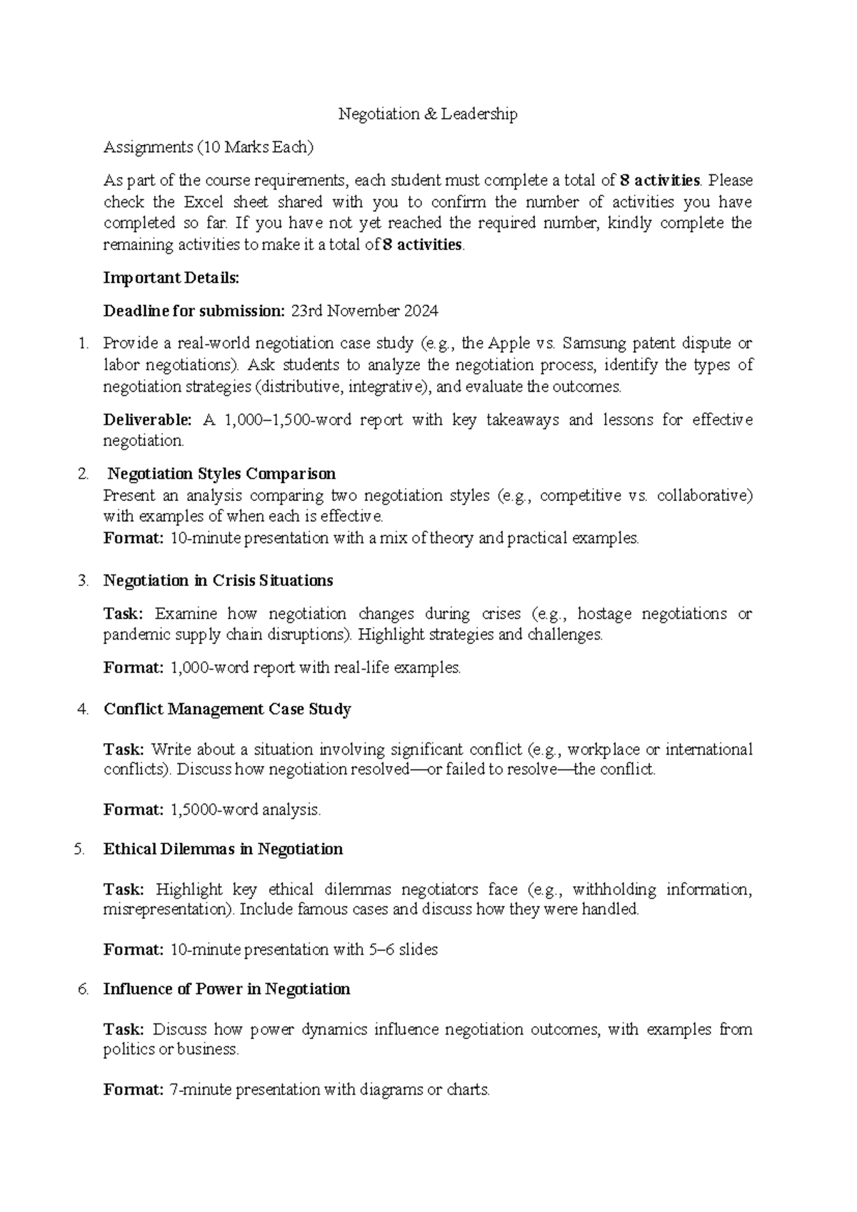 Negotiation Leadership Assignments Overview (10 Marks Each) - Studocu