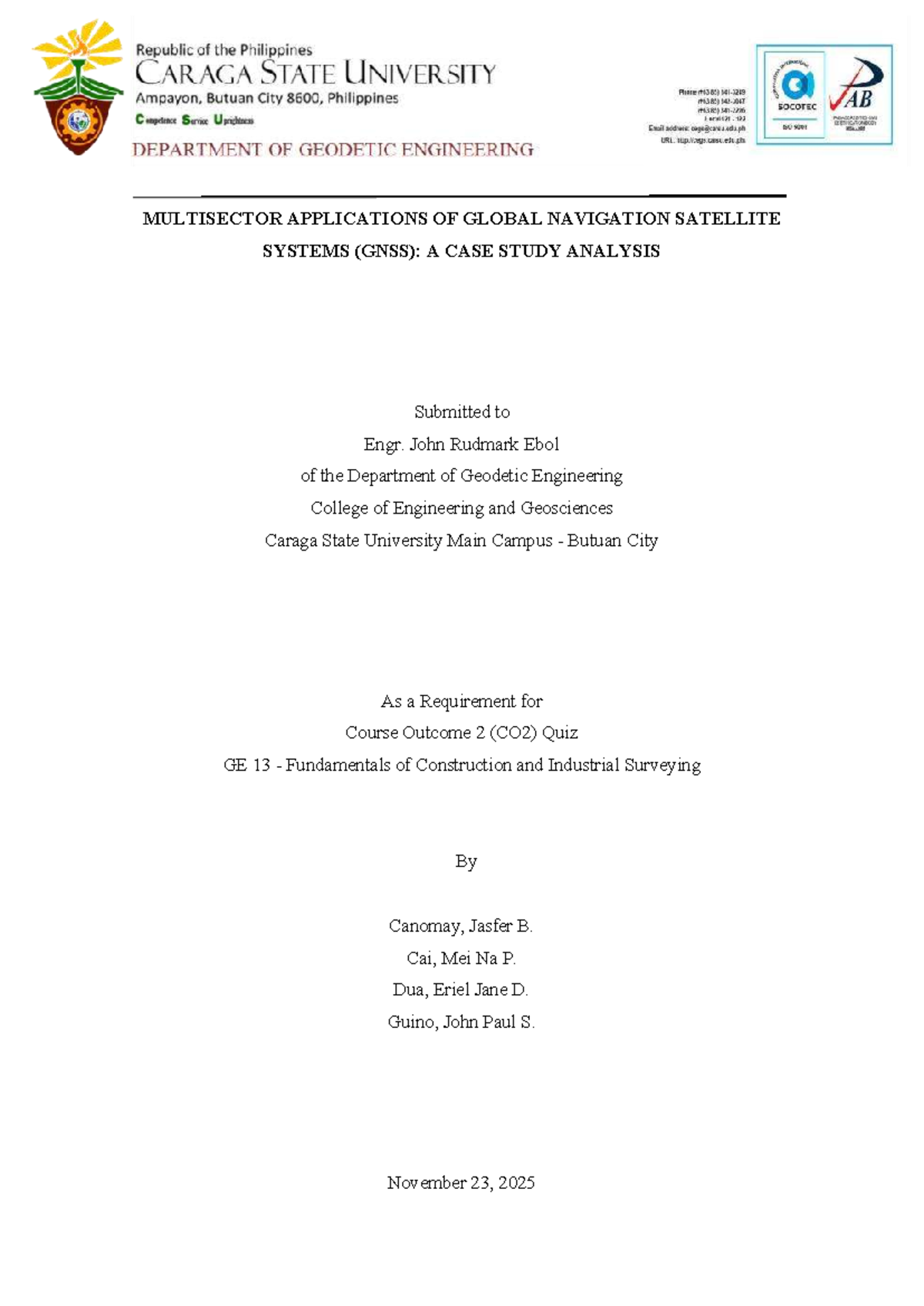 Case Study Analysis: GNSS Applications in Engineering (GE 13) - Studocu
