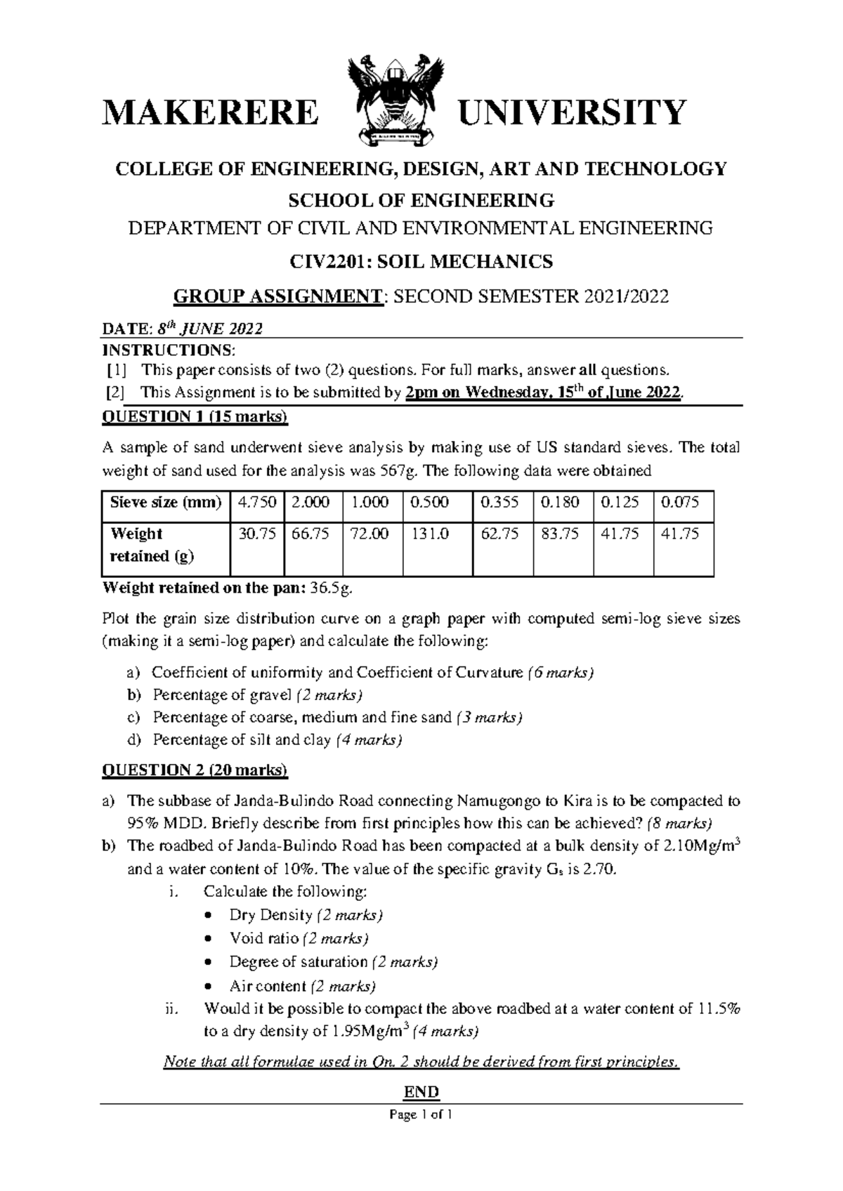 CIV2201 Soil Mechanics Assignment 1 - Sieve Analysis & Compaction ...