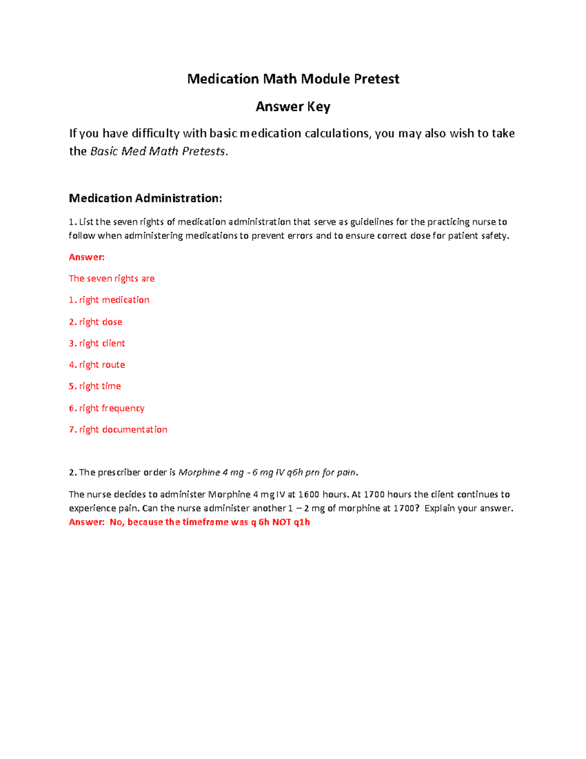 Answer key pretest - Medication Math Module Pretest Answer Key If you ...
