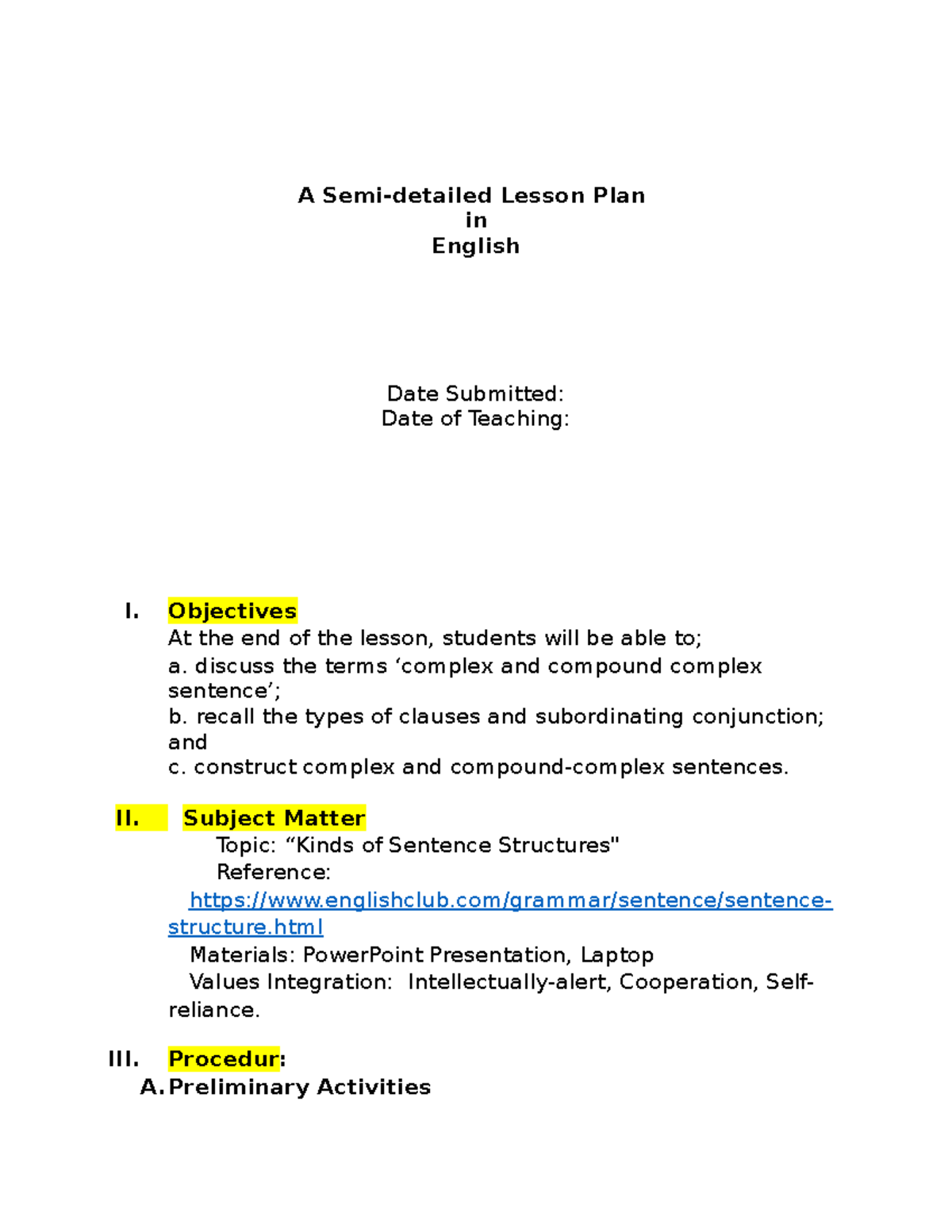 Lesson Plan: Complex and Compound-Complex Sentences (Eng 101) - Studocu