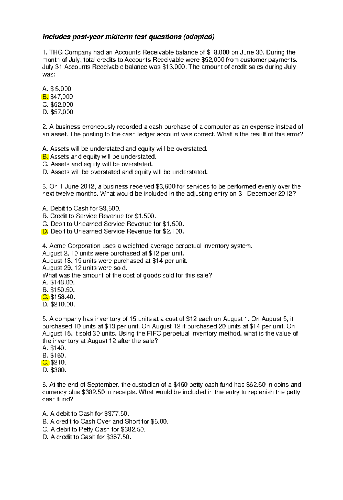 Midterm MCQ Drill for Accounting (Course Code: 12345) - Studocu
