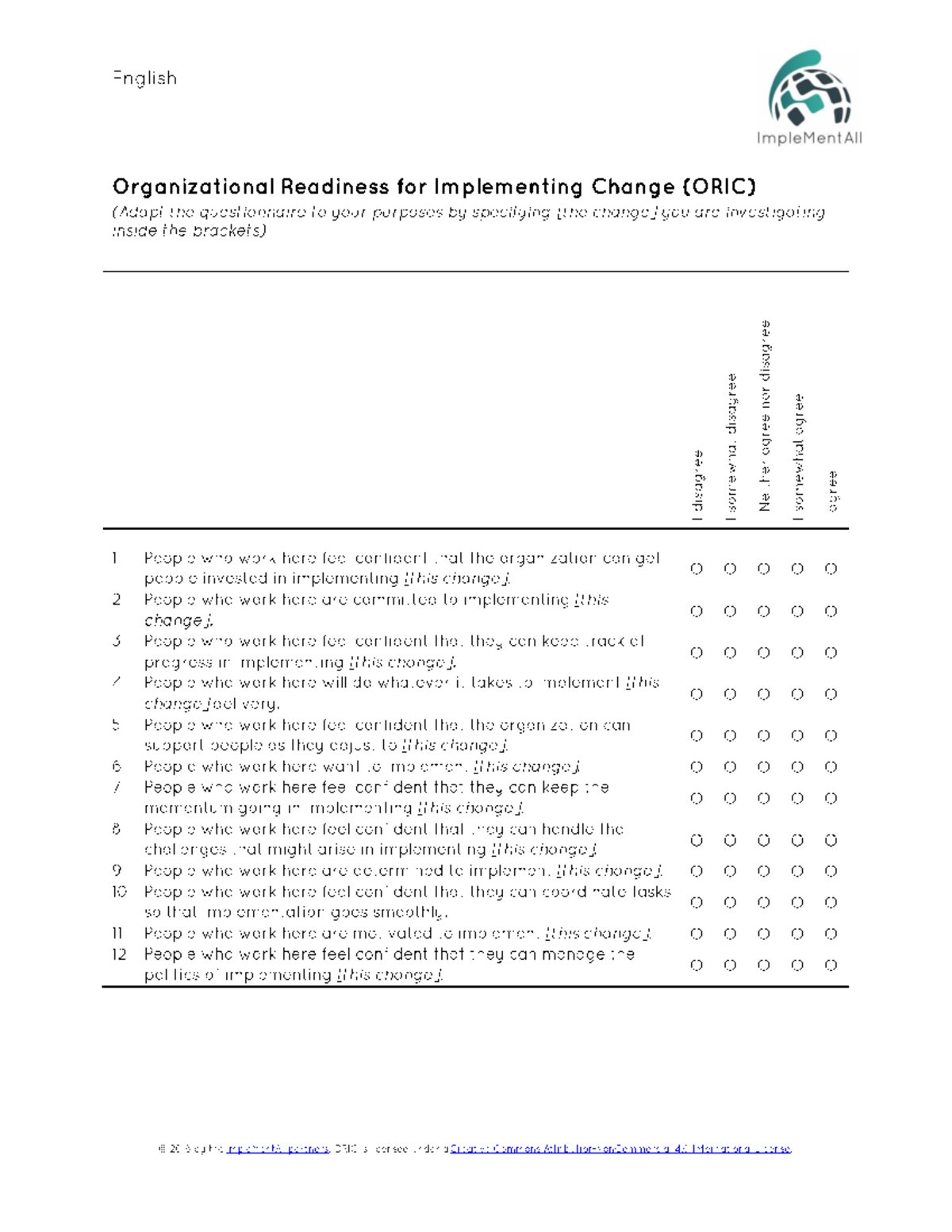 English ORIC Questionnaire for Assessing Organizational Readiness - Studocu