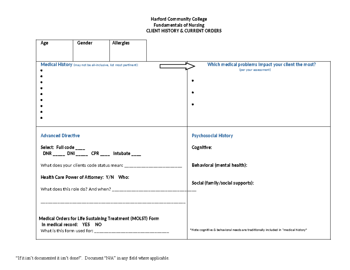 HCC NUR 101 Client History & Current Orders Nursing Health History Form ...