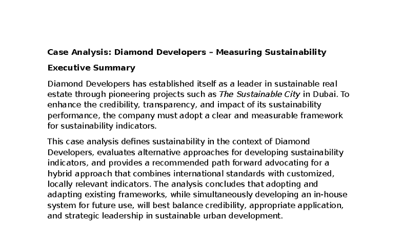 Diamond Developers Case Study Analysis - Case Analysis: Diamond ...