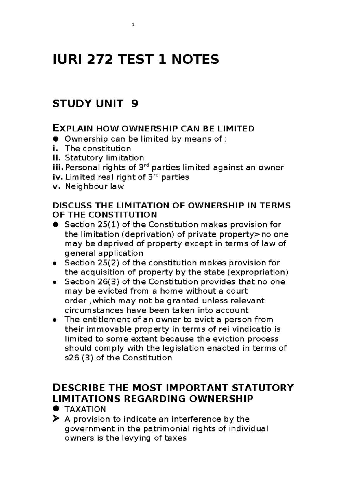 IURI 272 TEST 1 NOTES: Limitations and Acquisitions of Ownership - Studocu