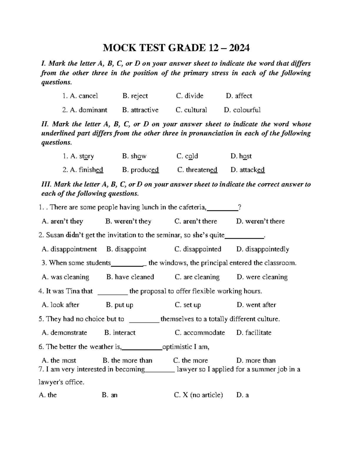 MOCK TEST Grade 12 2024 - English Language Assessment - Studocu