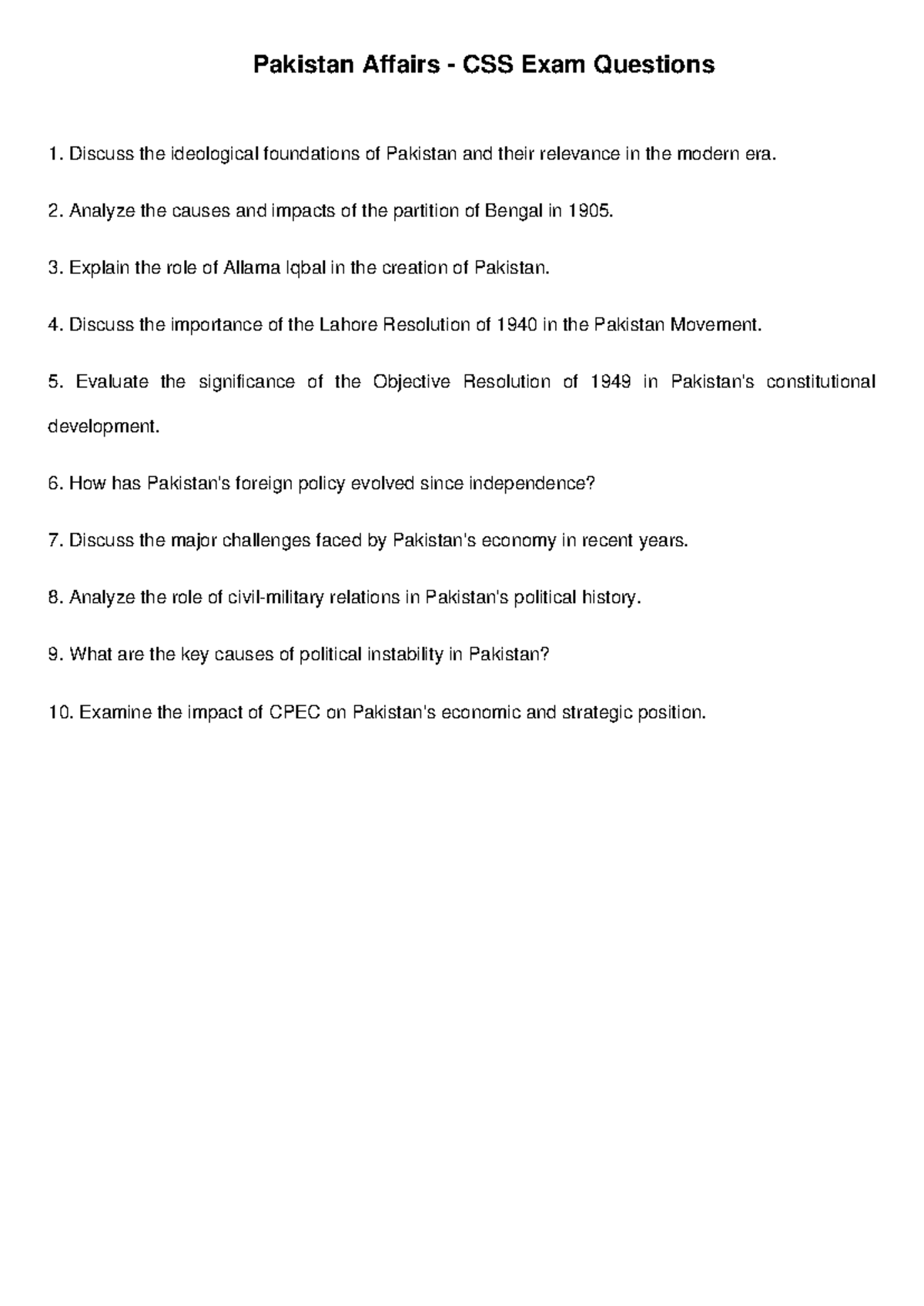 Pakistan Affairs CSS Exam Questions: Key Topics & Analysis - Studocu