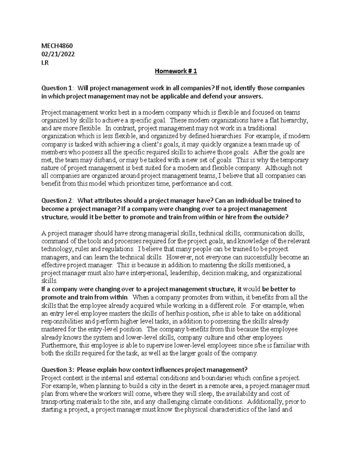 MECH4860 Project Management Homework: Chapter 1 Analysis and Insights ...