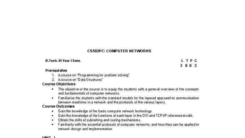 CS502PC: Computer Networks Syllabus Notes for B.Tech Year I - Studocu