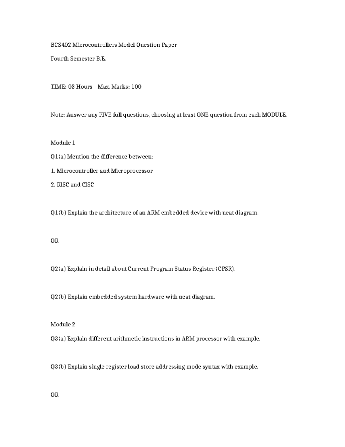 BCS402 Microcontrollers Model Question Paper - 4th Sem B.E. - Studocu