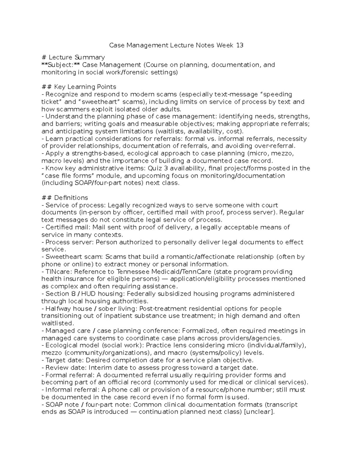 Case Management (CM) Lecture Notes: Week 13 Summary & Key Insights ...