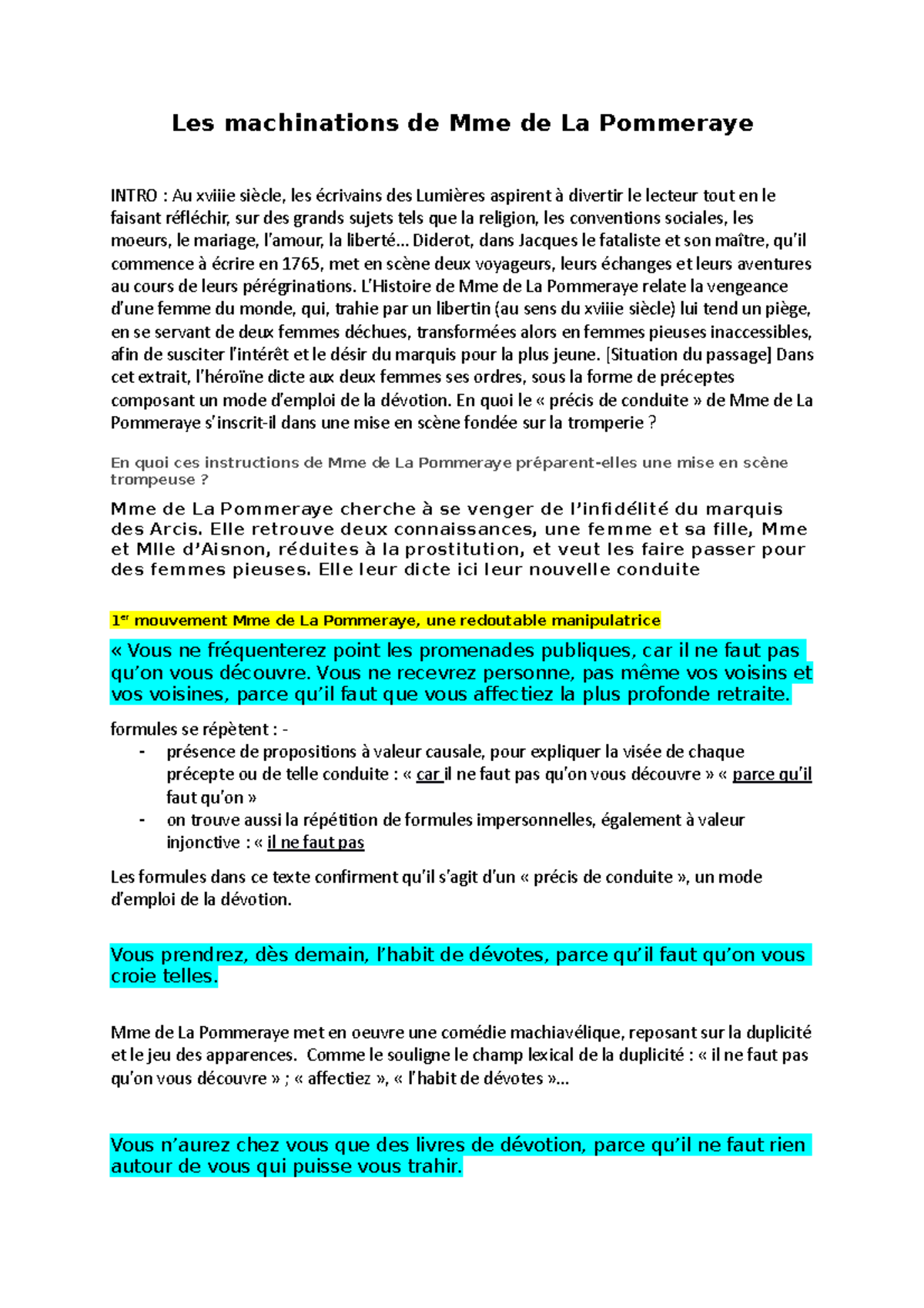 Analyse des Machinations de Mme de La Pommeraye dans l'œuvre de Diderot ...