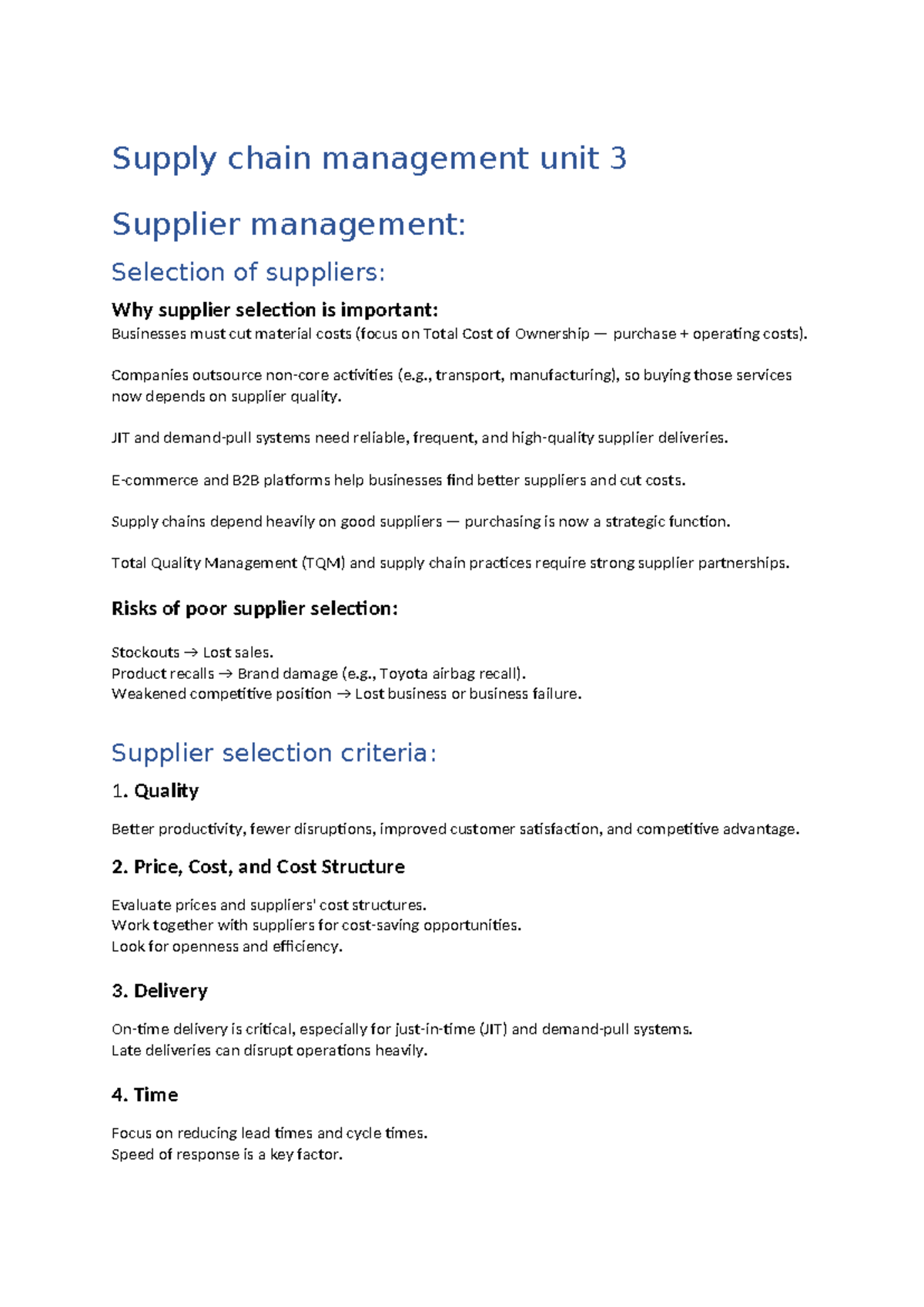 SCM Unit 3: Supplier Management & Selection Criteria for Success - Studocu